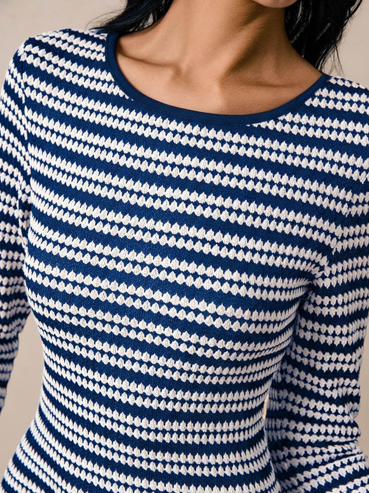Striped Round Neck Thick Knitted Below-the-knee Dress