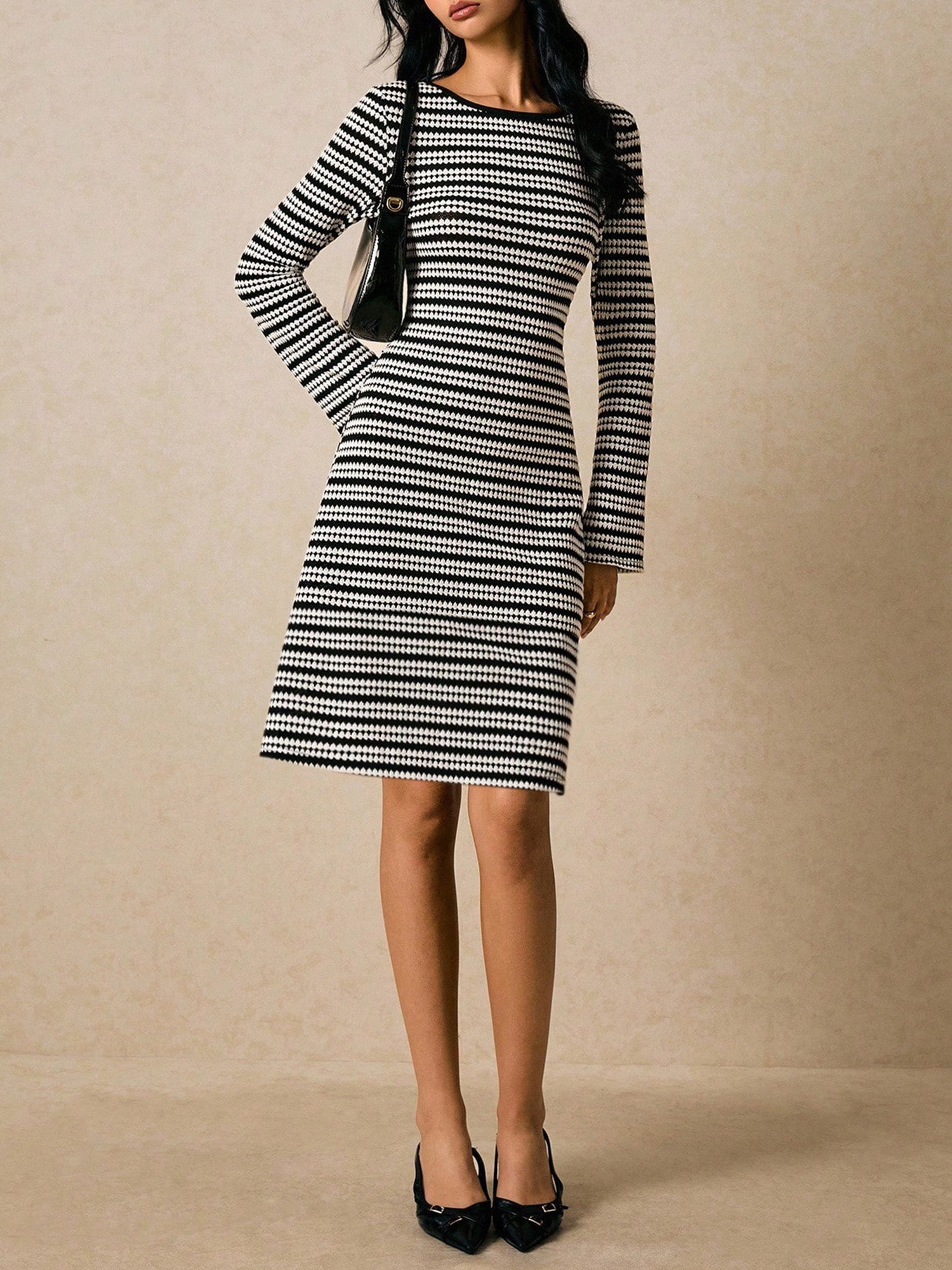 Striped Round Neck Knit Bell Sleeve Midi Dress