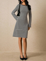 Striped Round Neck Knit Bell Sleeve Midi Dress