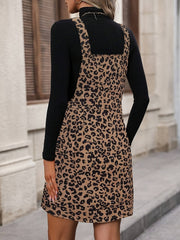 Leopard Print Front Zipper Sleeveless Pockets Mini Dress
