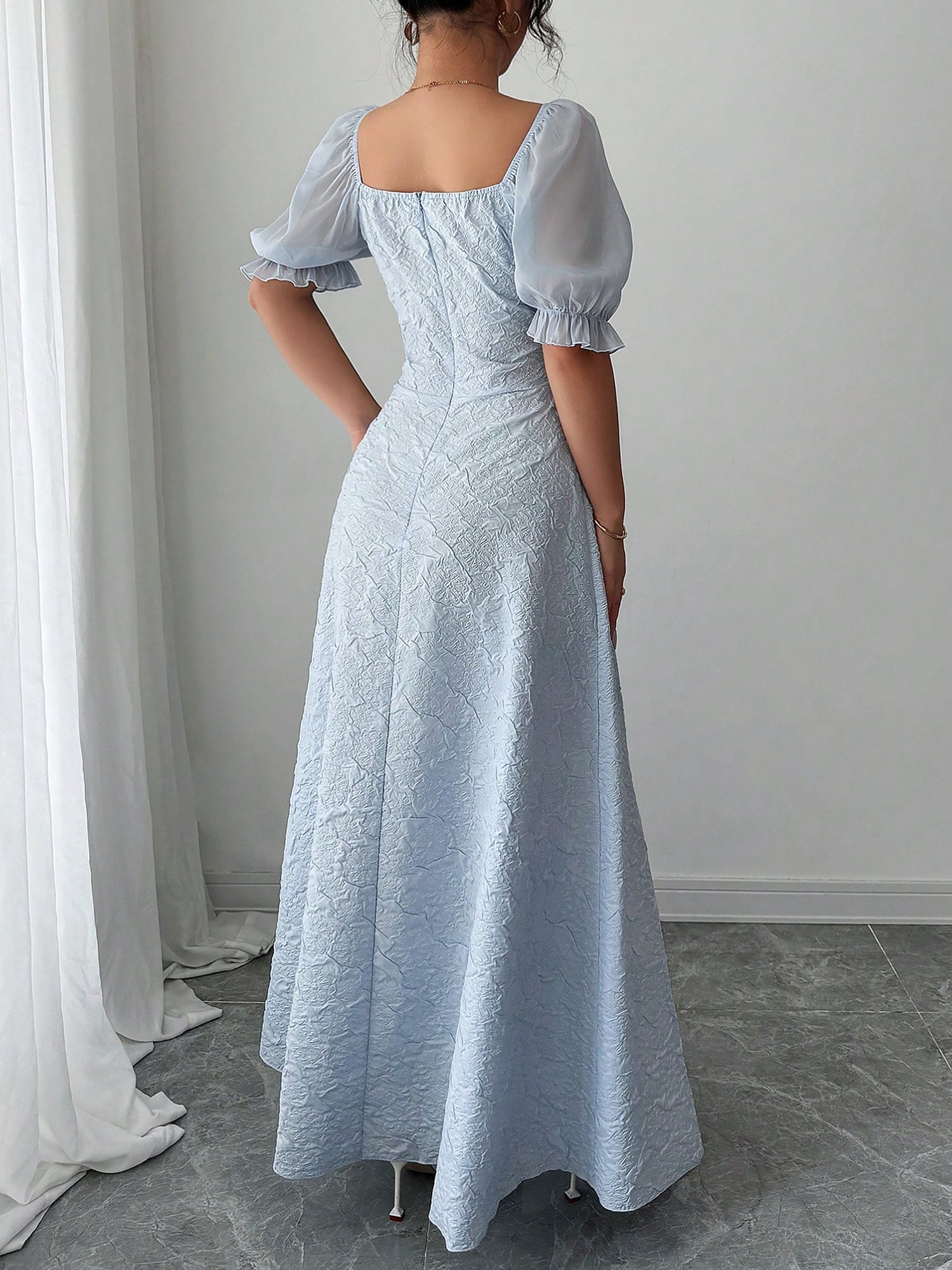 Square Neck Puff Sleeves Textured A-Line Dress