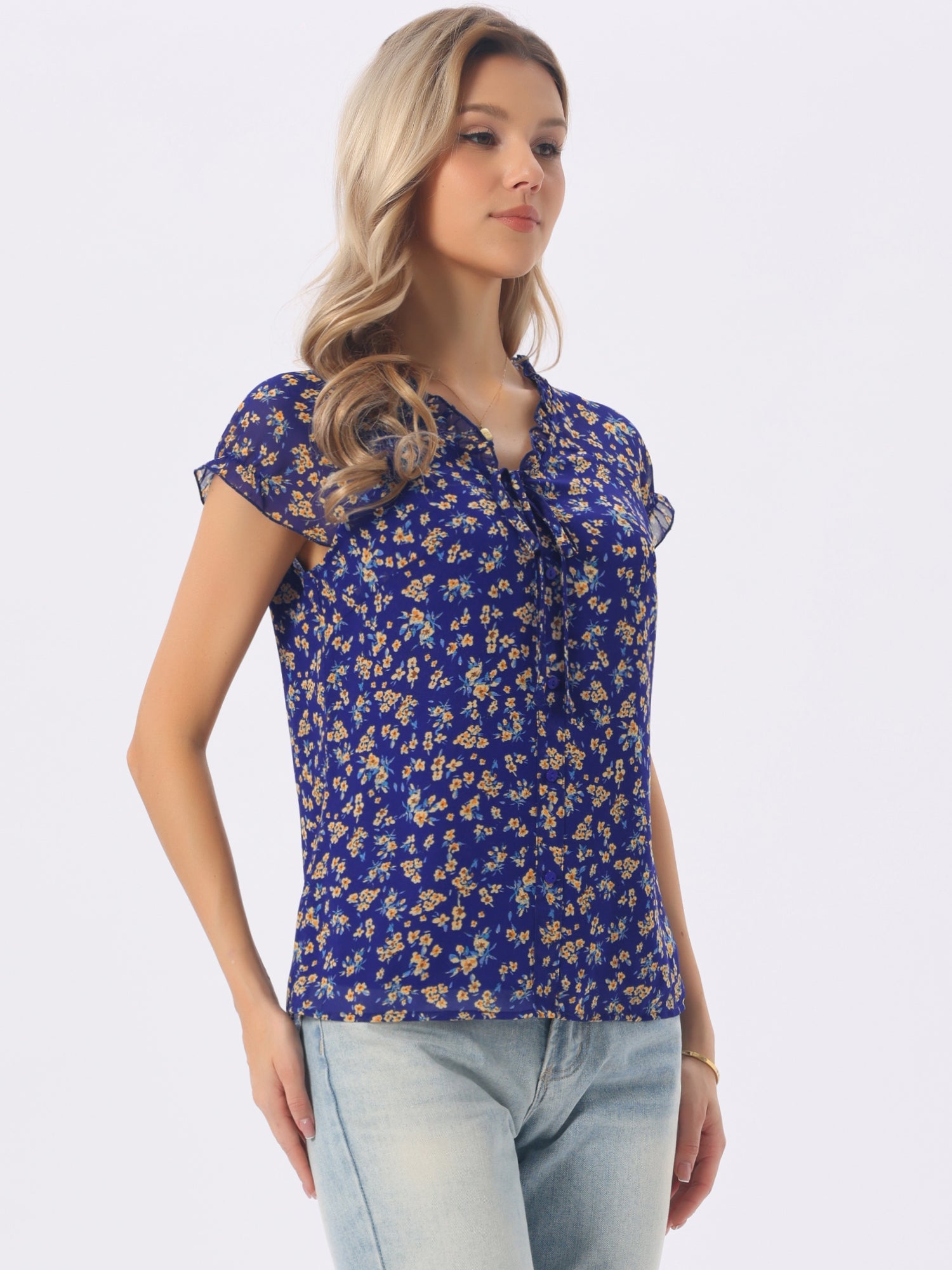 Ditsy Floral Print Chiffon Short Sleeve Ruffle Blouse