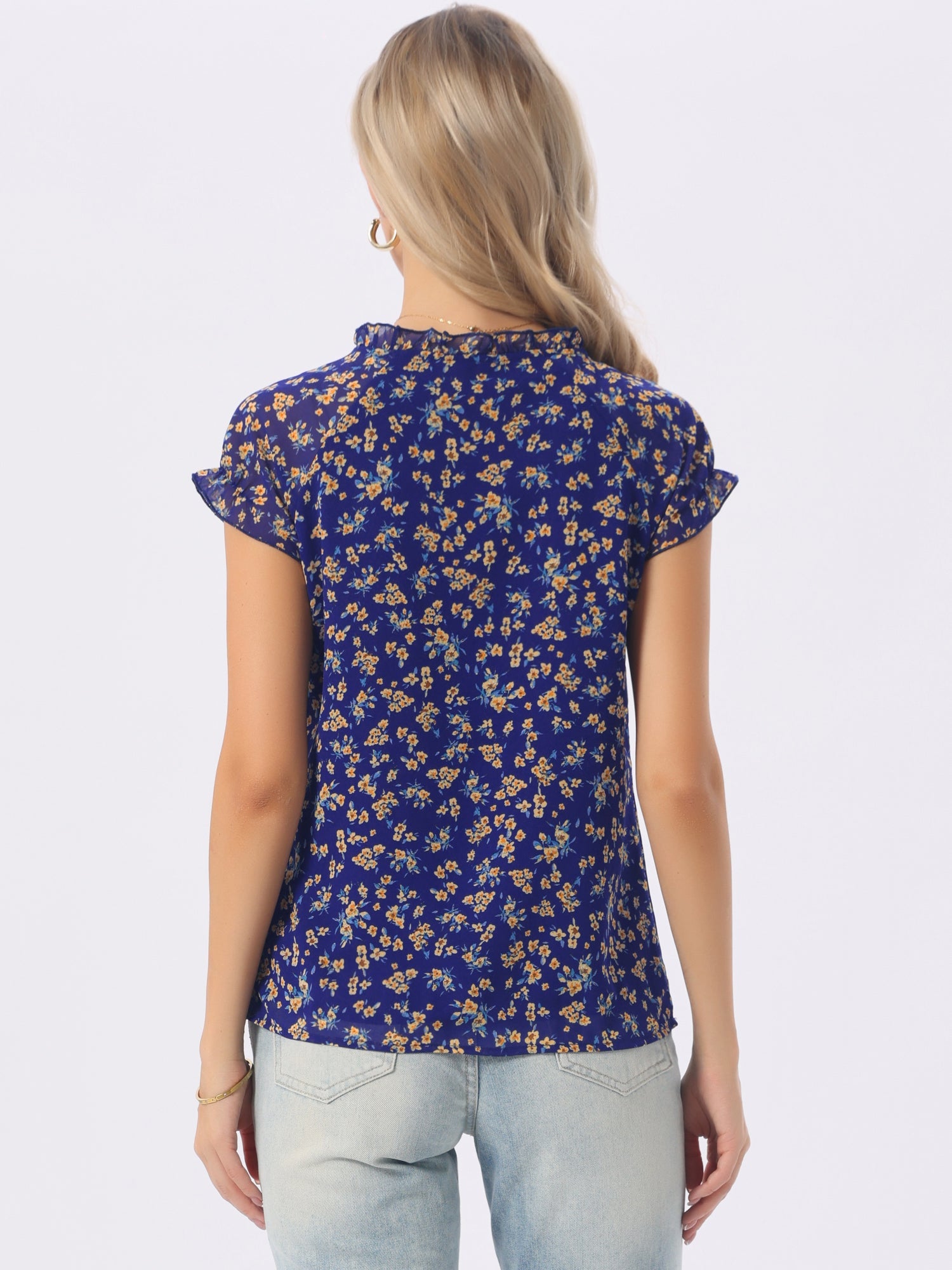 Ditsy Floral Print Chiffon Short Sleeve Ruffle Blouse