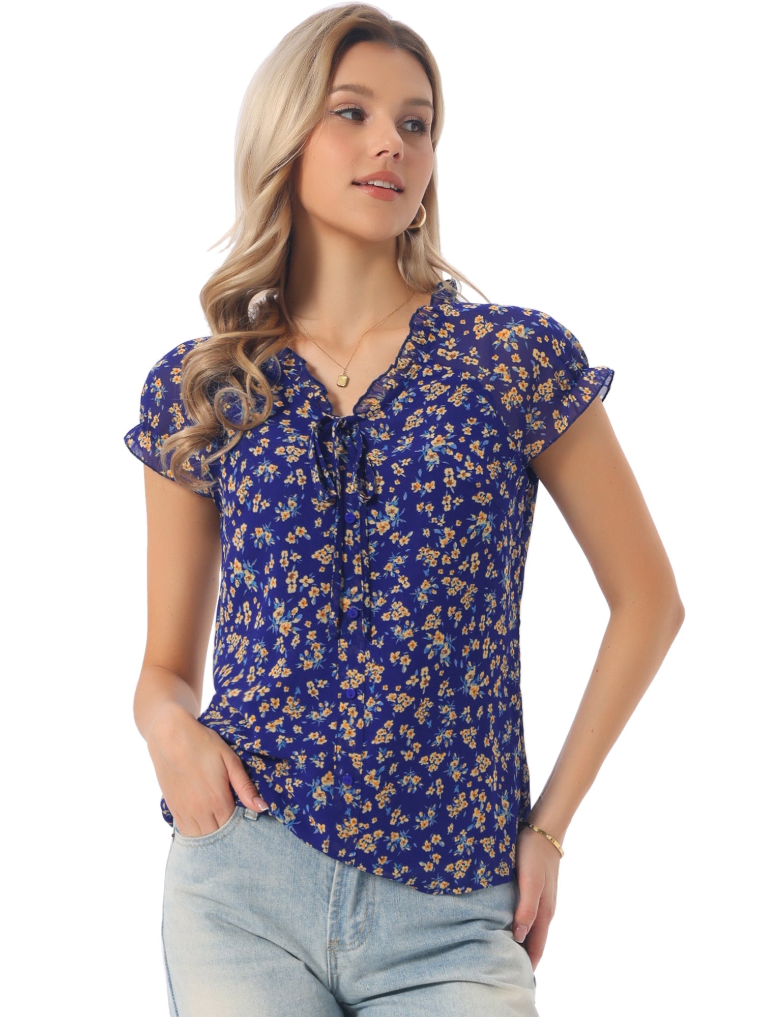 Ditsy Floral Print Chiffon Short Sleeve Ruffle Blouse