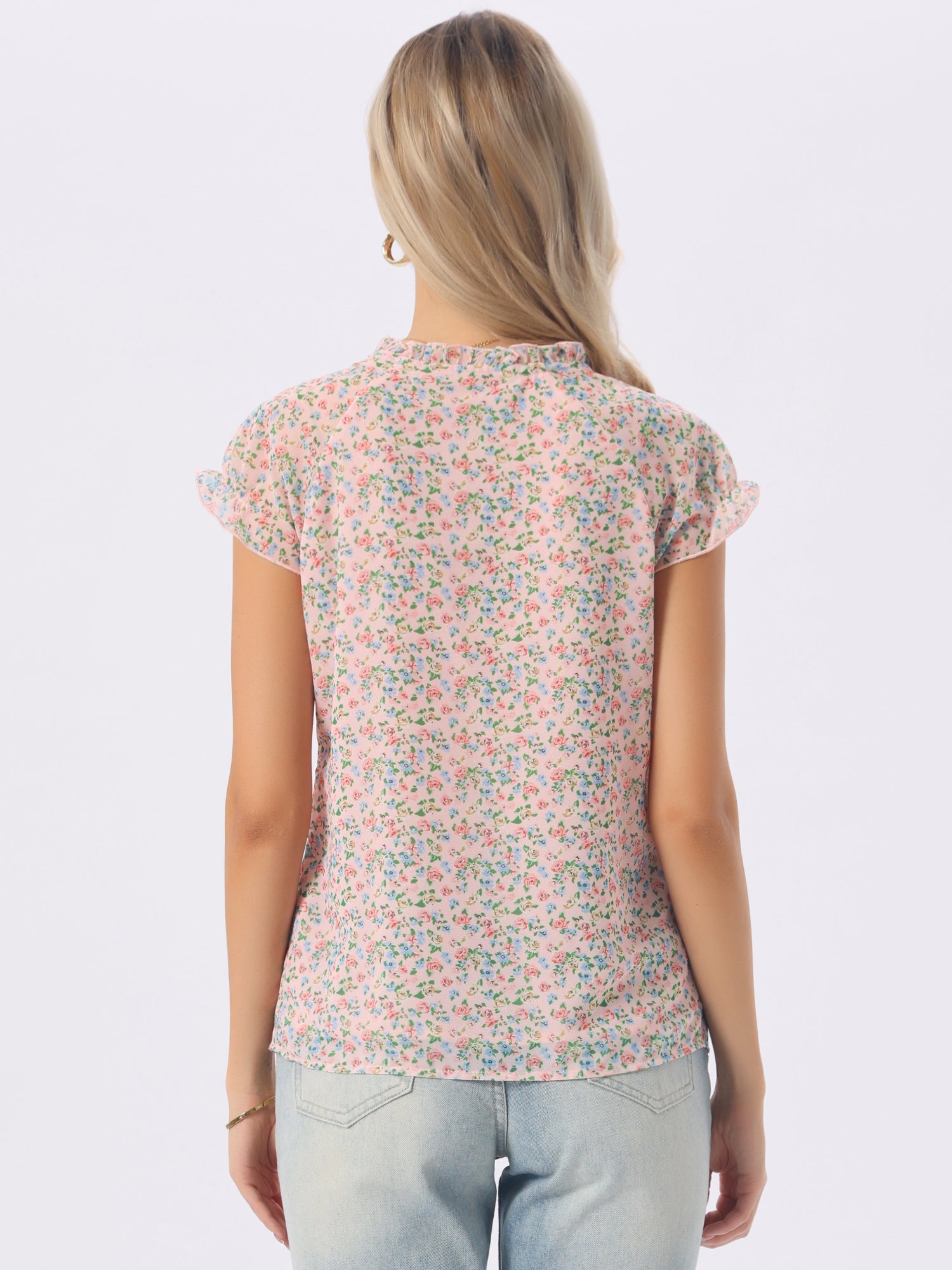 Ditsy Floral Print Chiffon Short Sleeve Ruffle Blouse