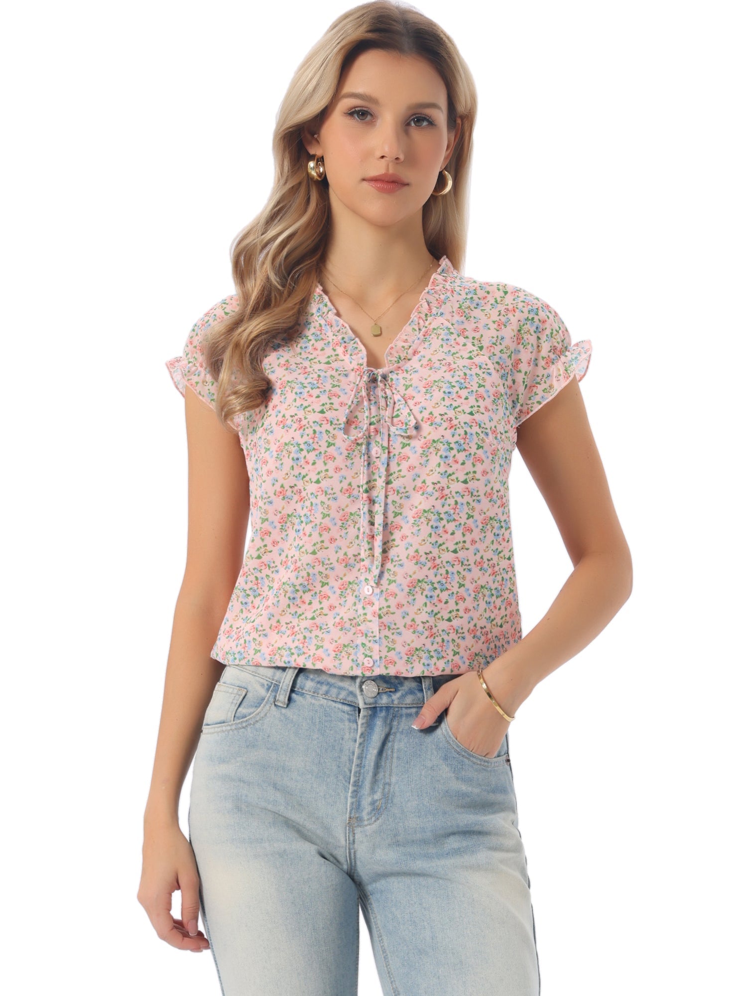 Ditsy Floral Print Chiffon Short Sleeve Ruffle Blouse