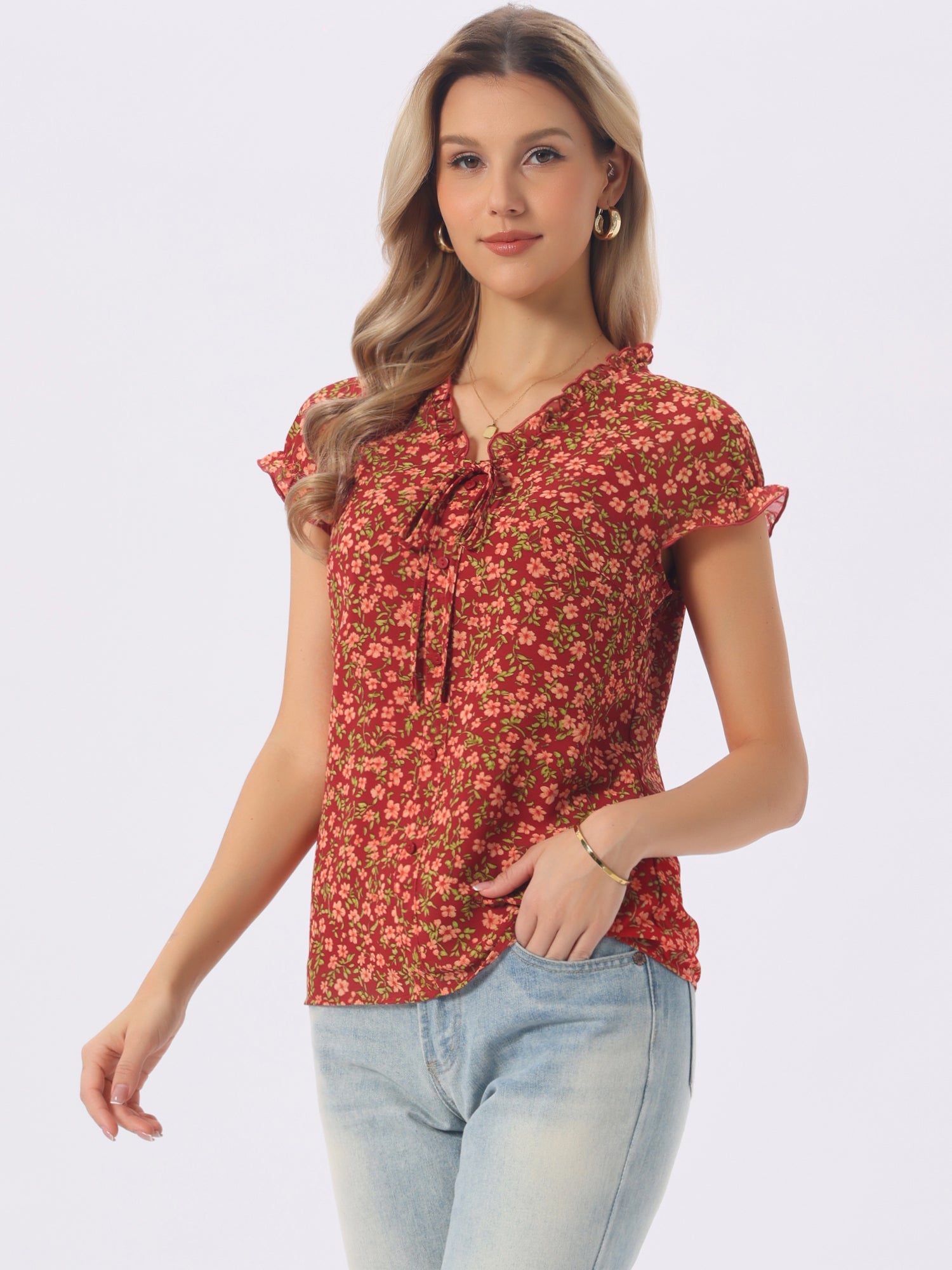 Ditsy Floral Print Chiffon Short Sleeve Ruffle Blouse