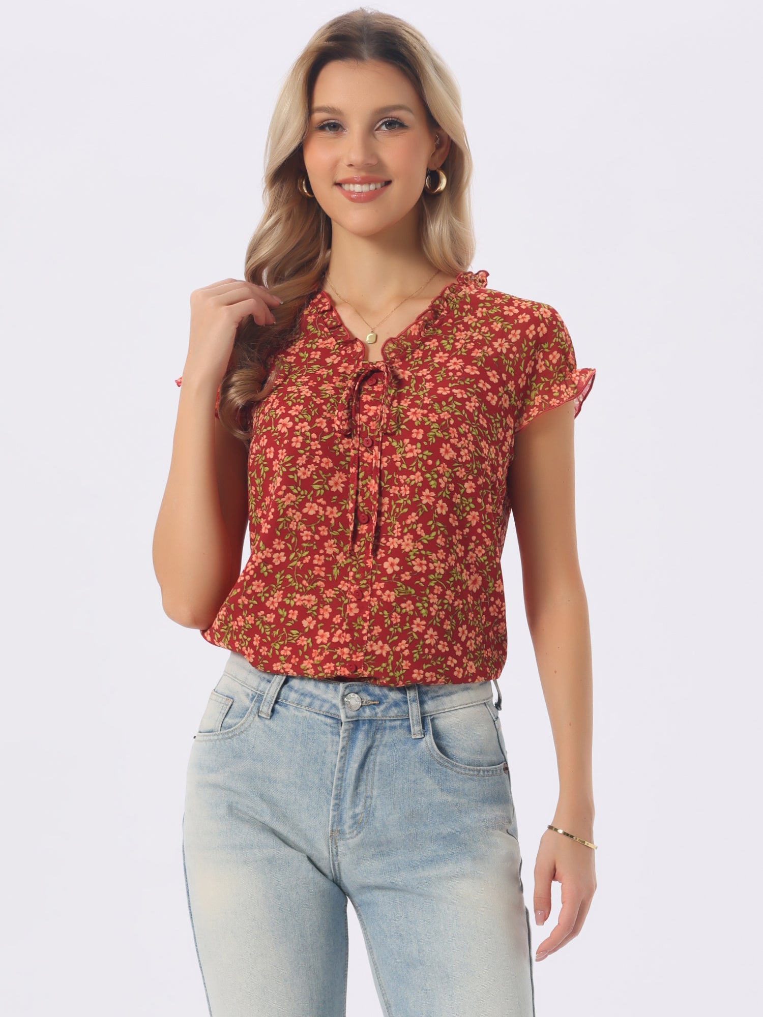 Ditsy Floral Print Chiffon Short Sleeve Ruffle Blouse