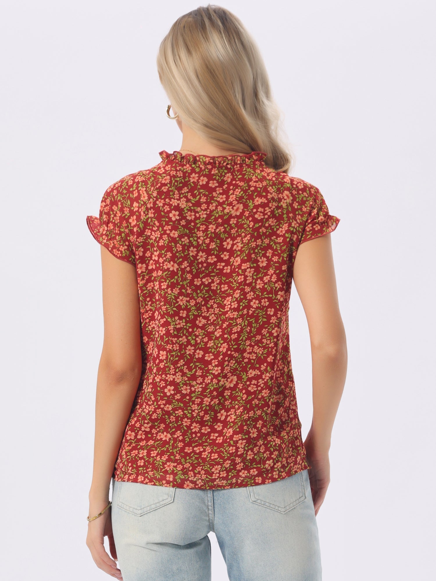 Ditsy Floral Print Chiffon Short Sleeve Ruffle Blouse