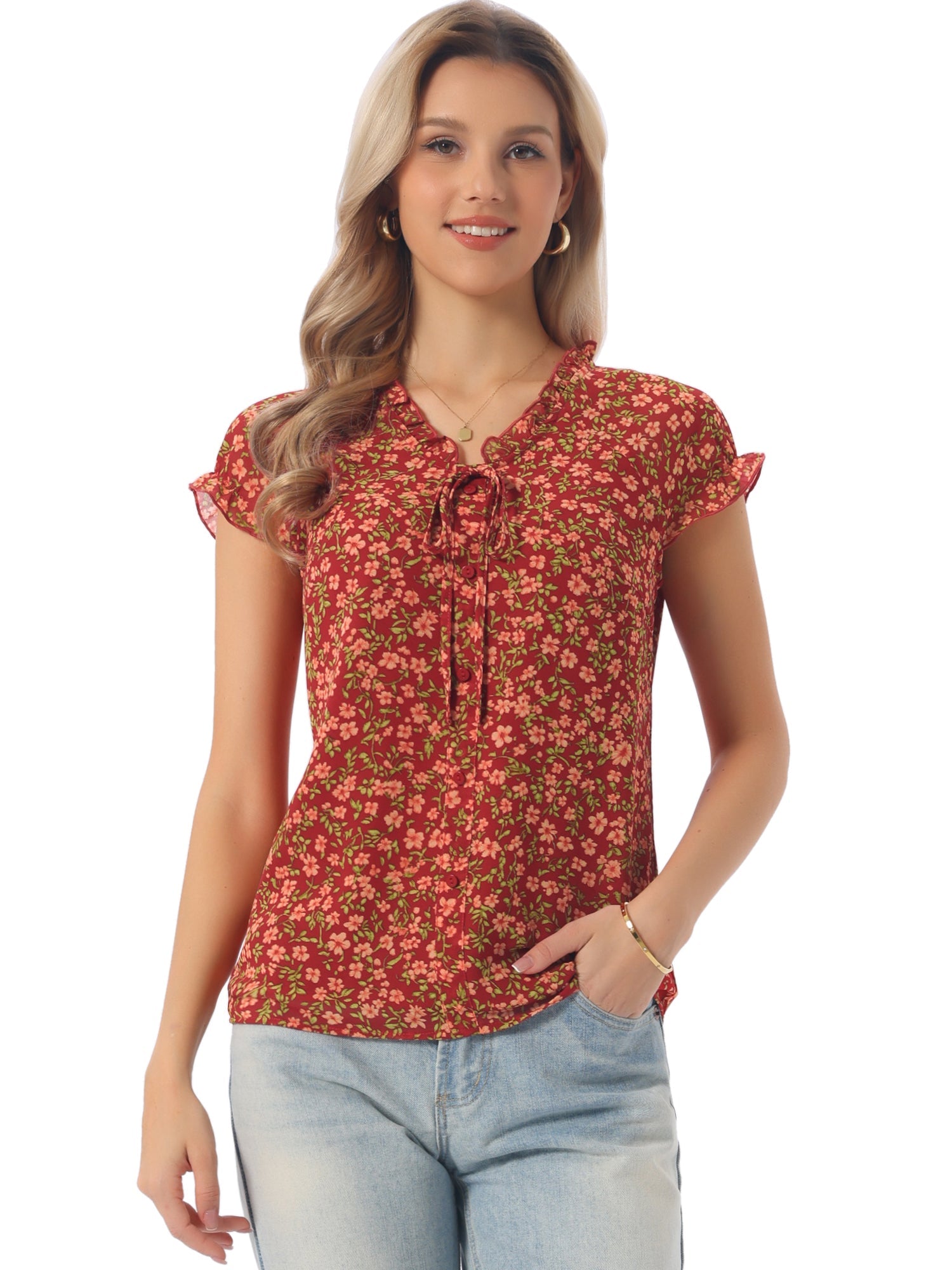 Ditsy Floral Print Chiffon Short Sleeve Ruffle Blouse
