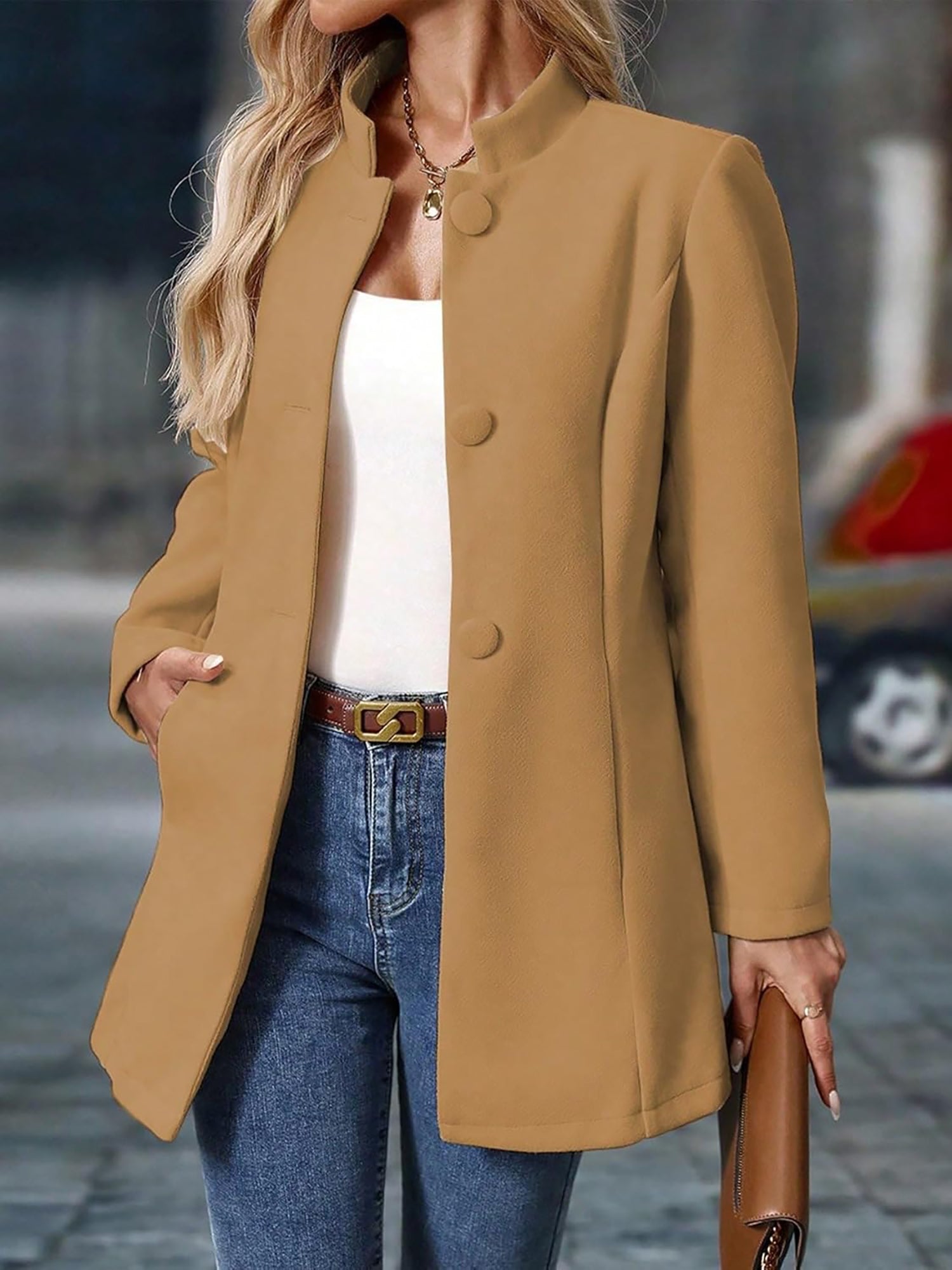 Stand-Up Collar Long Sleeves Fully Lined Pea Coat