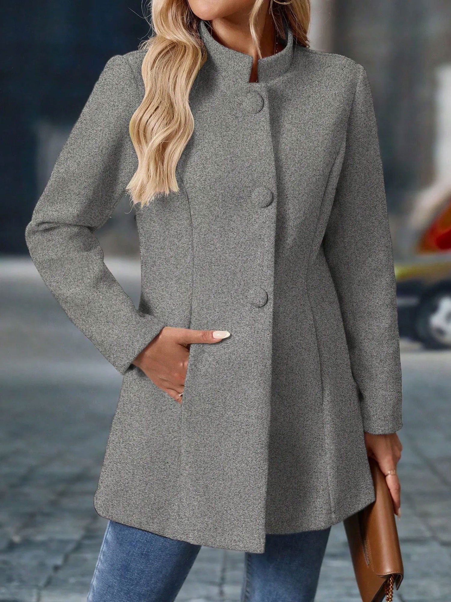 Stand-Up Collar Long Sleeves Fully Lined Pea Coat