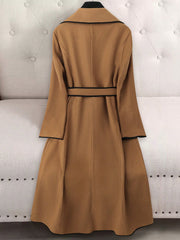 Notched Lapel Long Sleeves Belted Maxi Length Coat