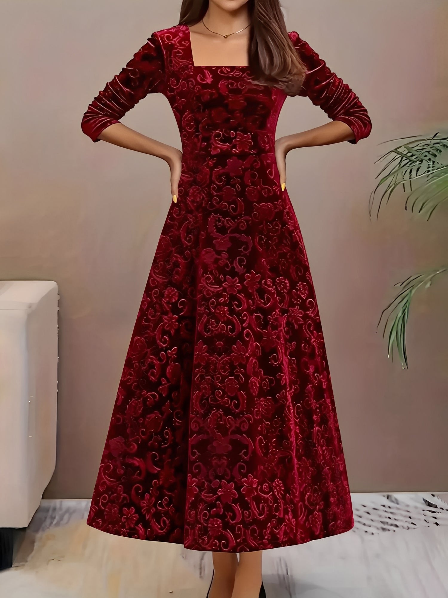 Floral Jacquard Long Sleeve Square Neck Velvet A-Line Dress
