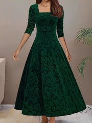 Floral Jacquard Long Sleeve Square Neck Velvet A-Line Dress