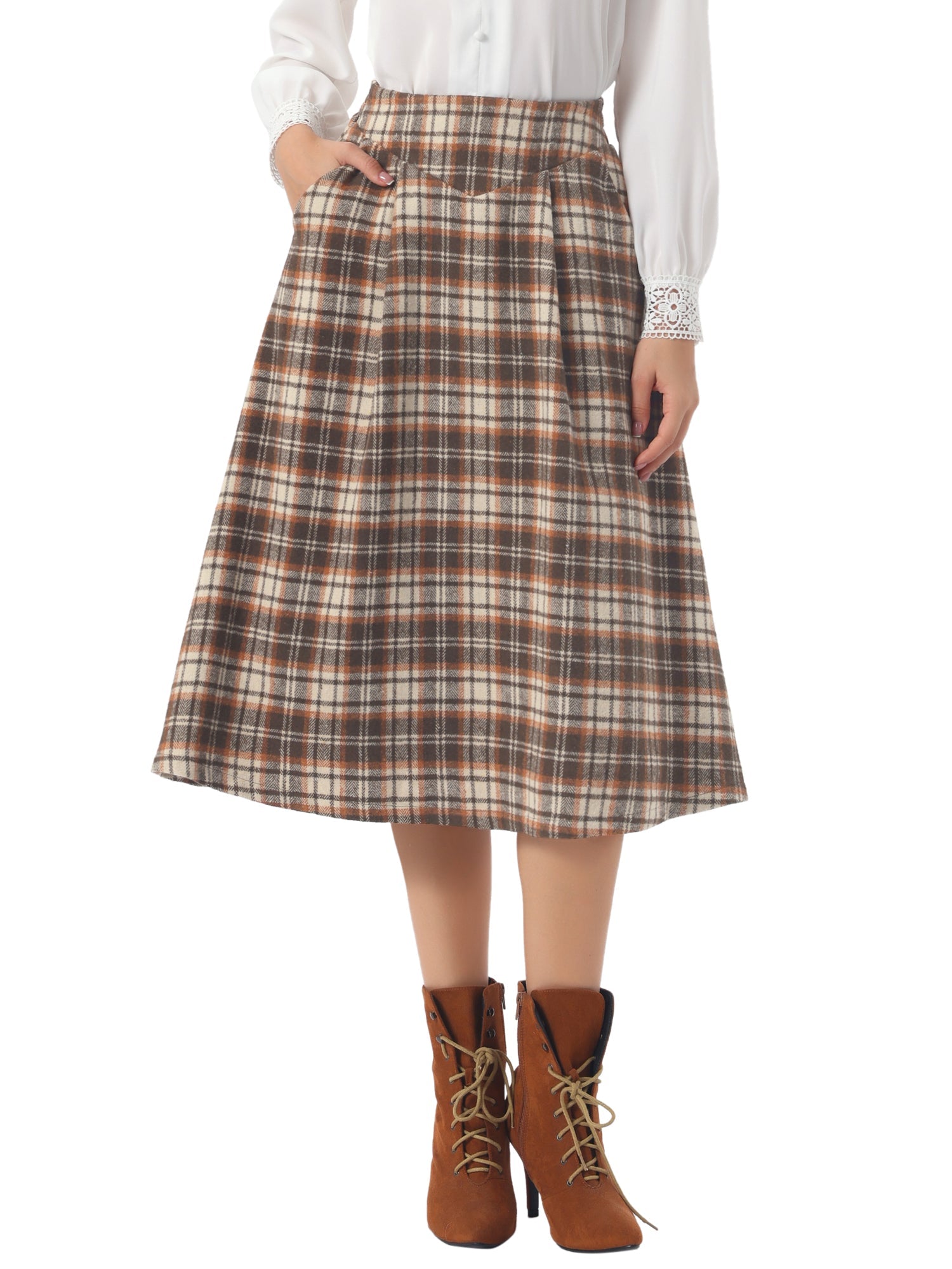 Plaid Vintage Pocketed Midi A-Line Skirt
