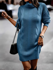 Solid Color Turtleneck Long Sleeve Knitted Sweater Dress