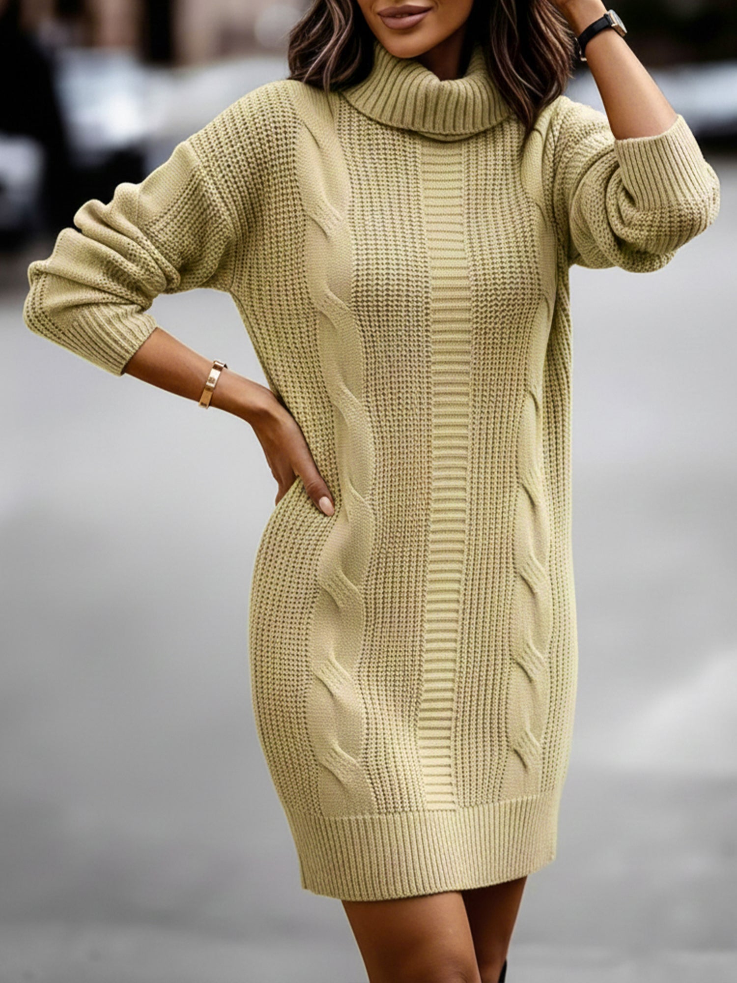 Solid Color Turtleneck Long Sleeve Knitted Sweater Dress