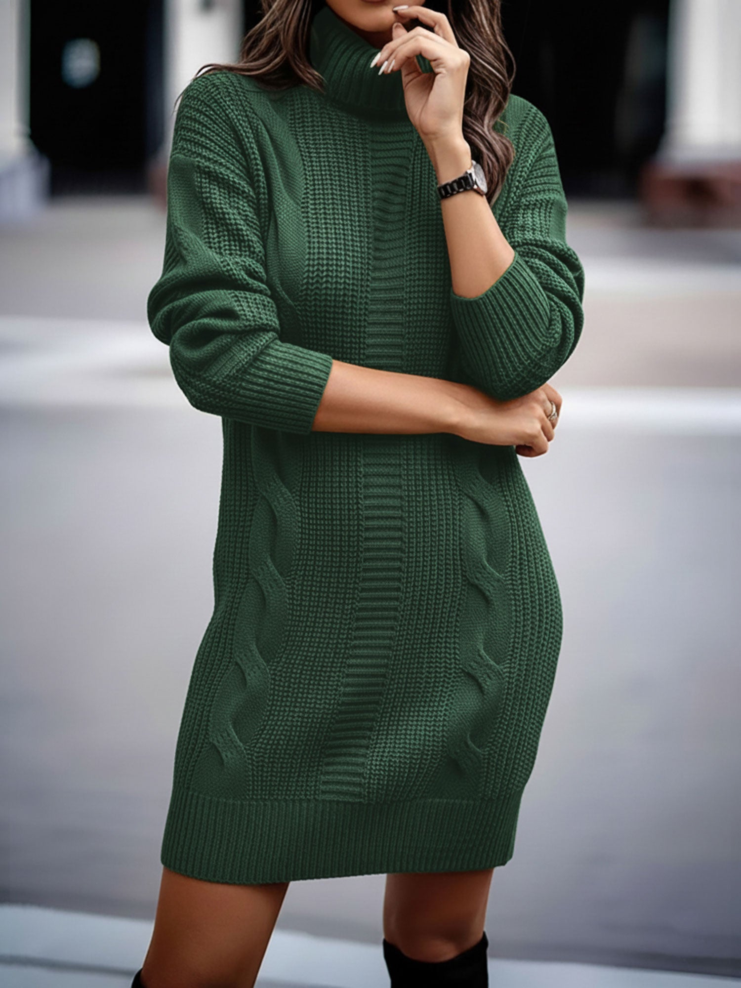 Solid Color Turtleneck Long Sleeve Knitted Sweater Dress