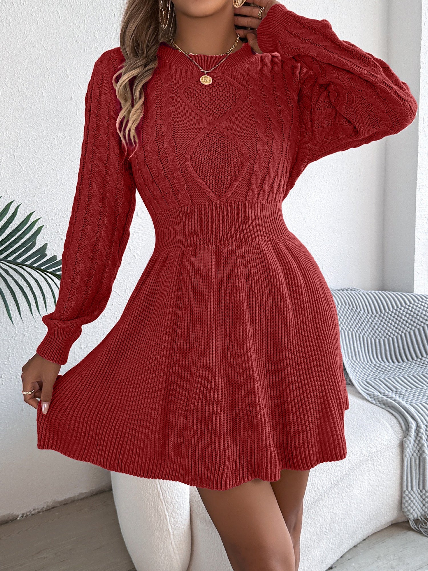 Round Neck Long Sleeves Cable Knit Mini Sweater Dress