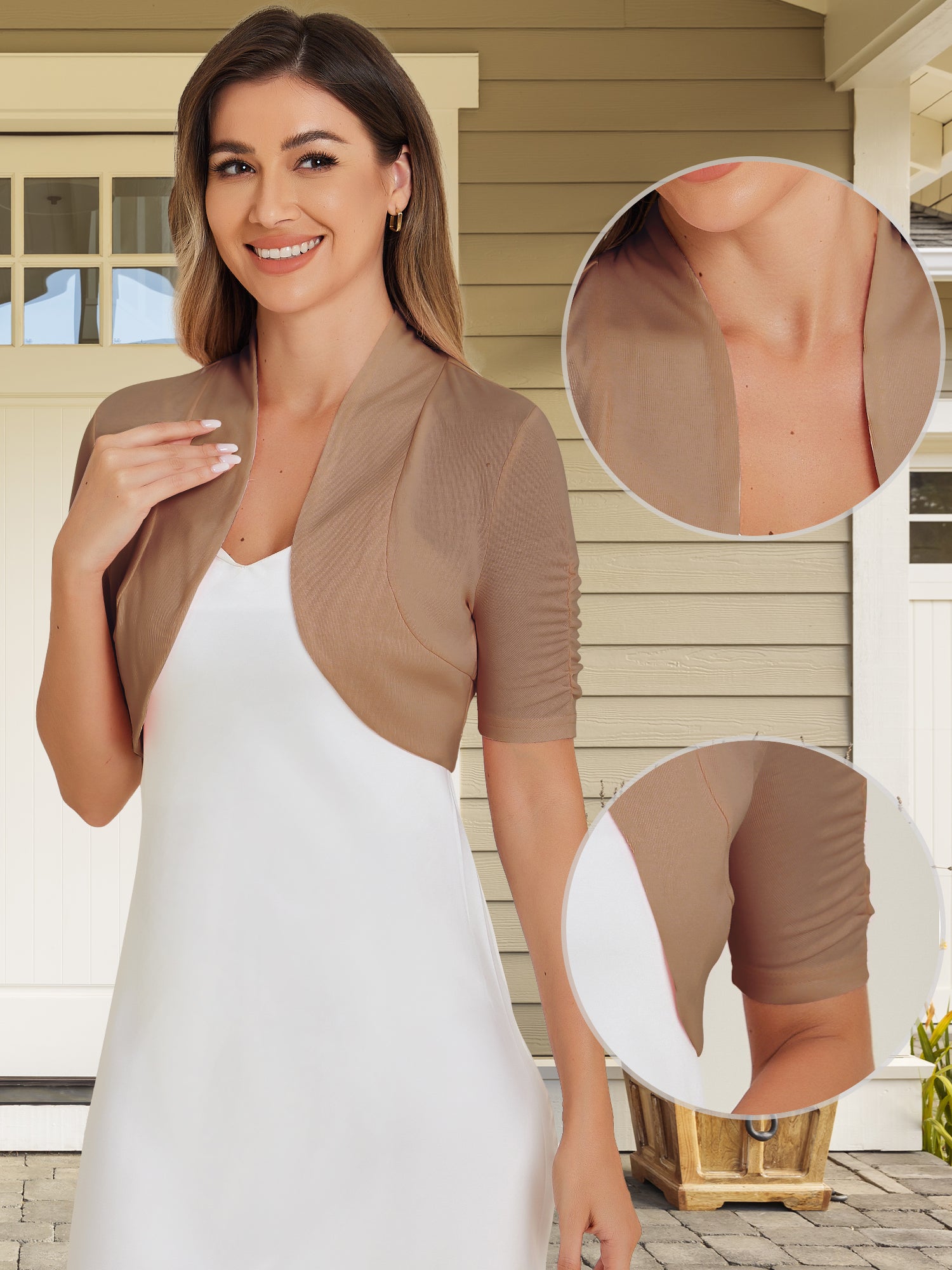 Short Ruched Sleeve Open Front Knit Cropped Bolero Shrugs