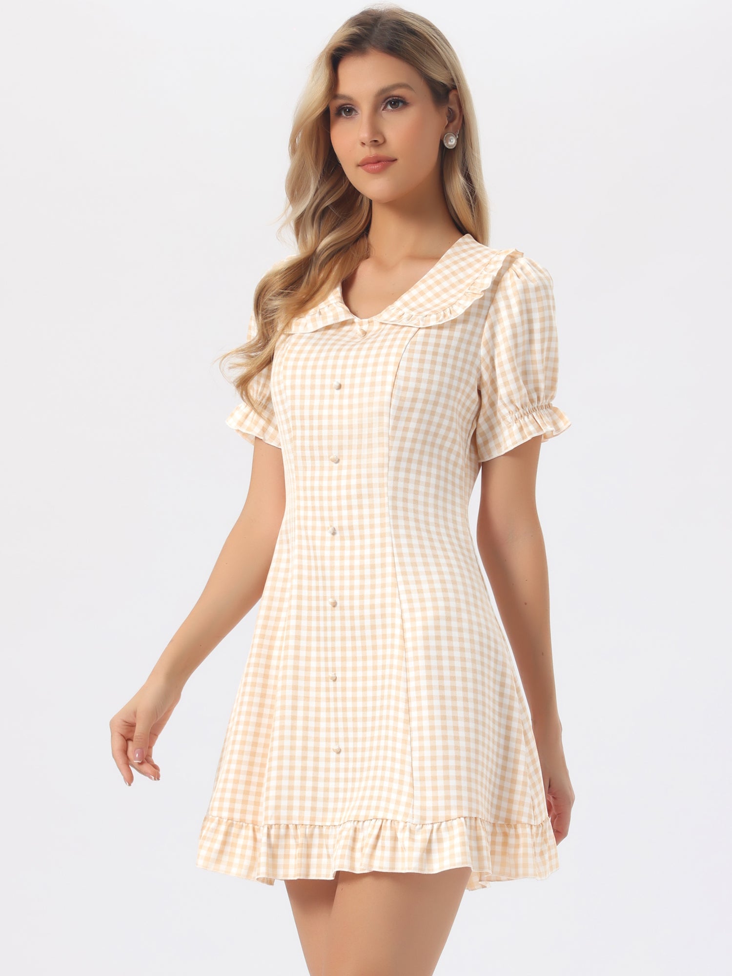 Gingham Checks Ruffled Peter Pan Collar 1960s Vintage Mini Dress