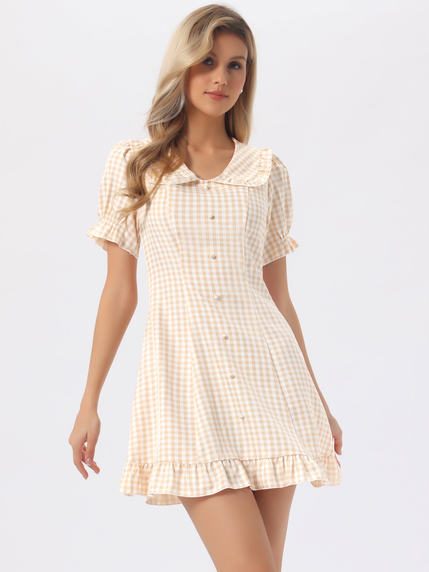 Gingham Checks Ruffled Peter Pan Collar 1960s Vintage Mini Dress
