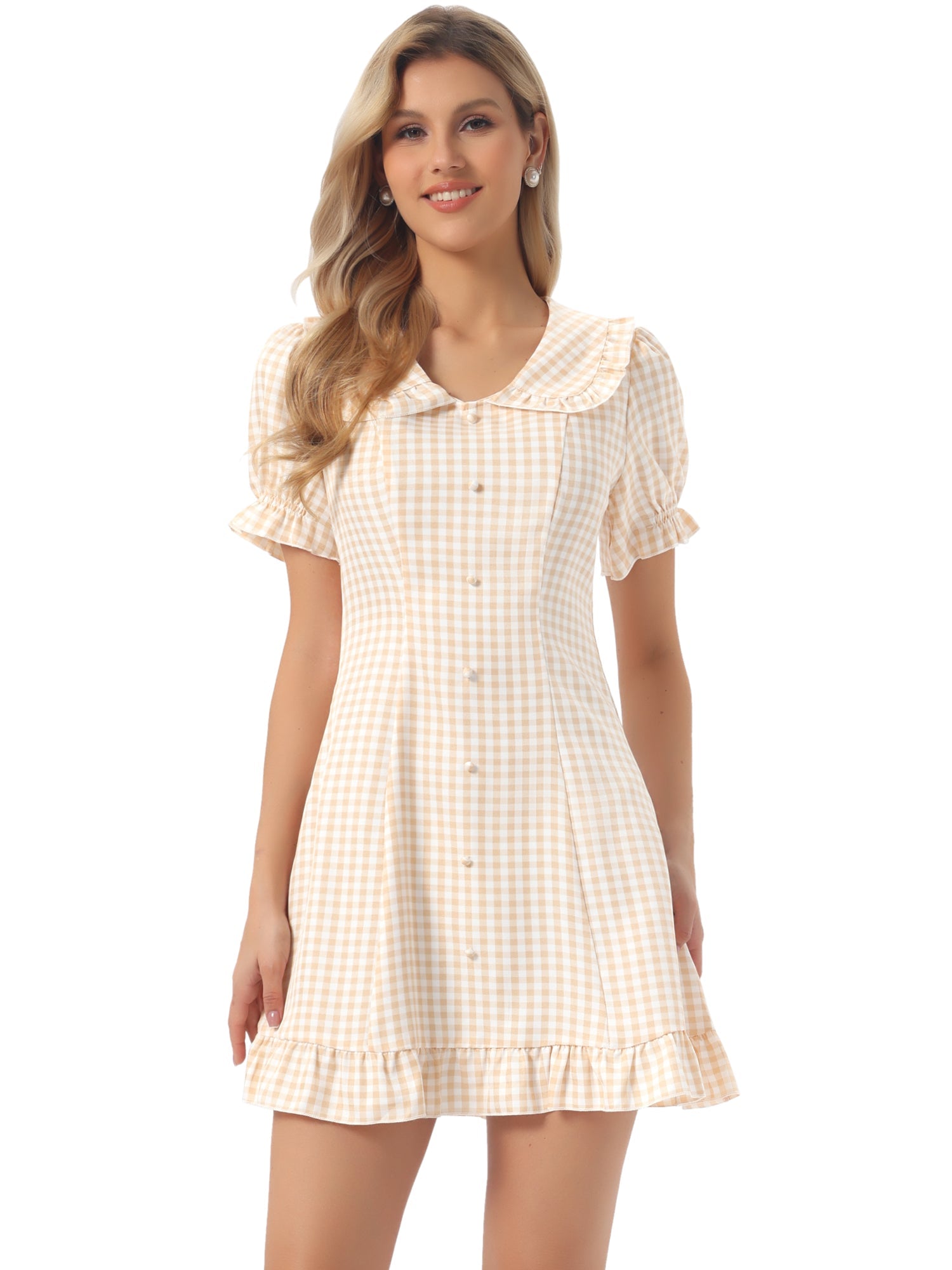 Gingham Checks Ruffled Peter Pan Collar 1960s Vintage Mini Dress