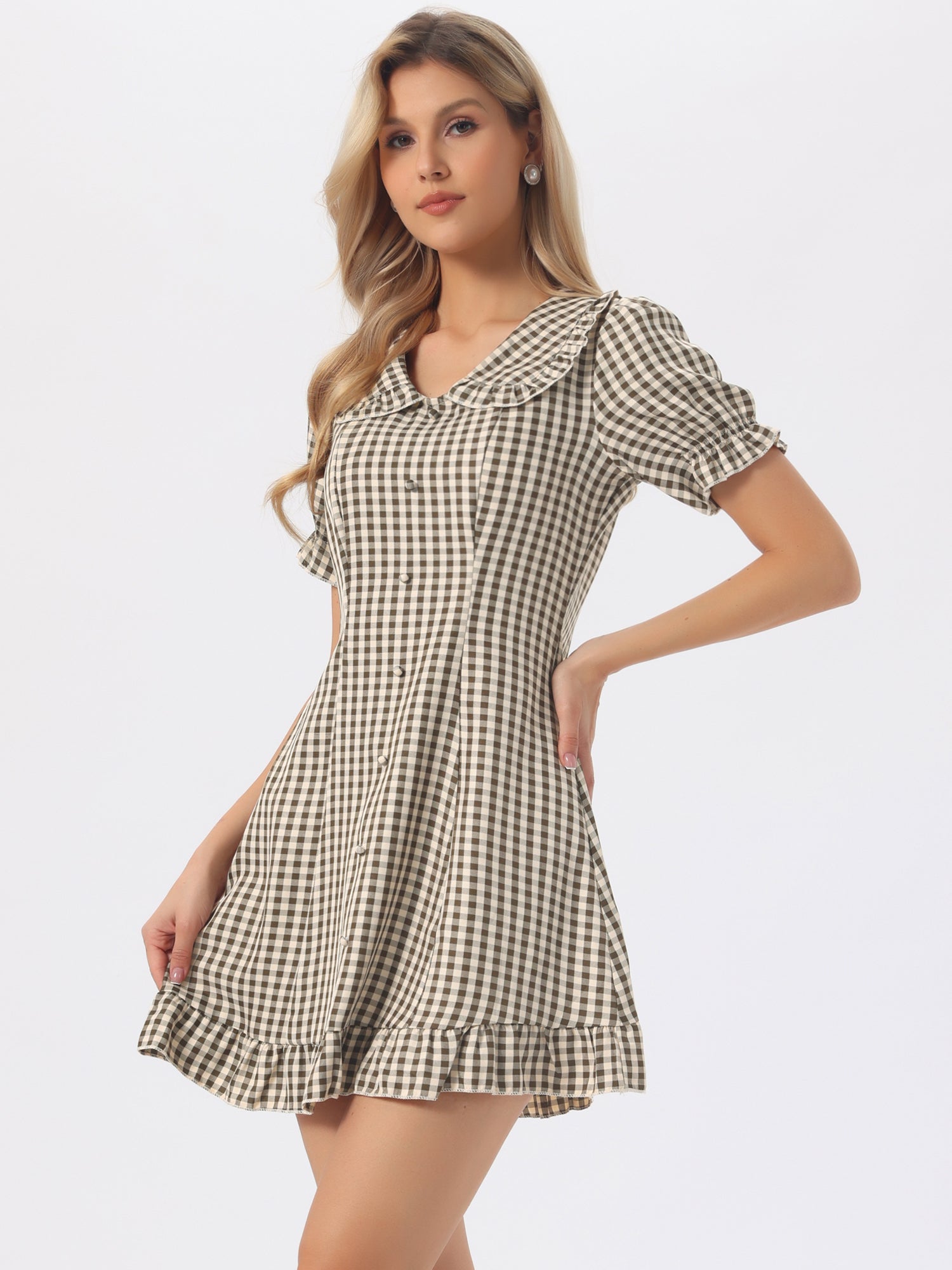 Gingham Checks Ruffled Peter Pan Collar 1960s Vintage Mini Dress