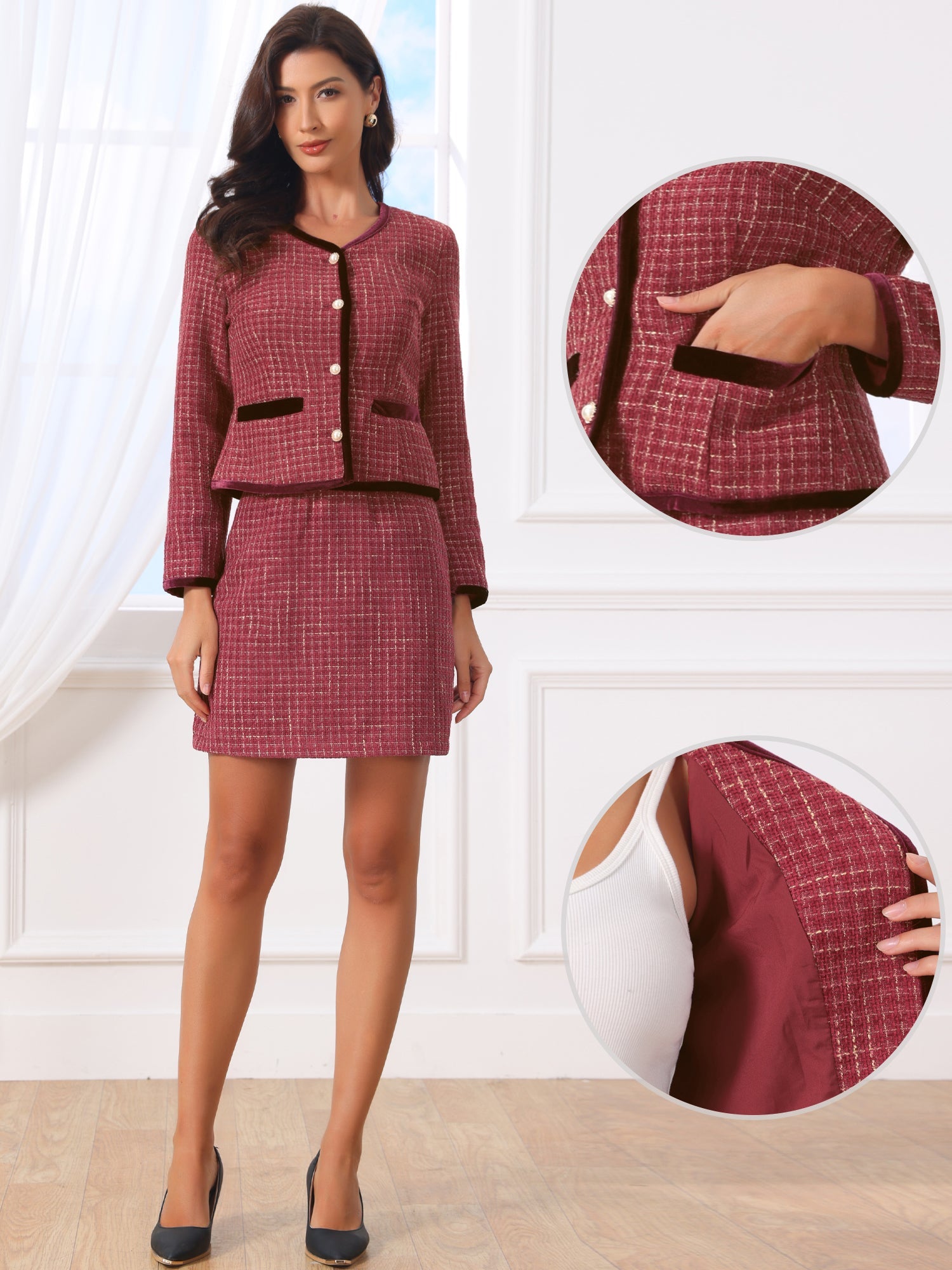 2 Piece Outfits Plaid Tweed Cropped Blazer Jacket & Mini Skirt Suit Set