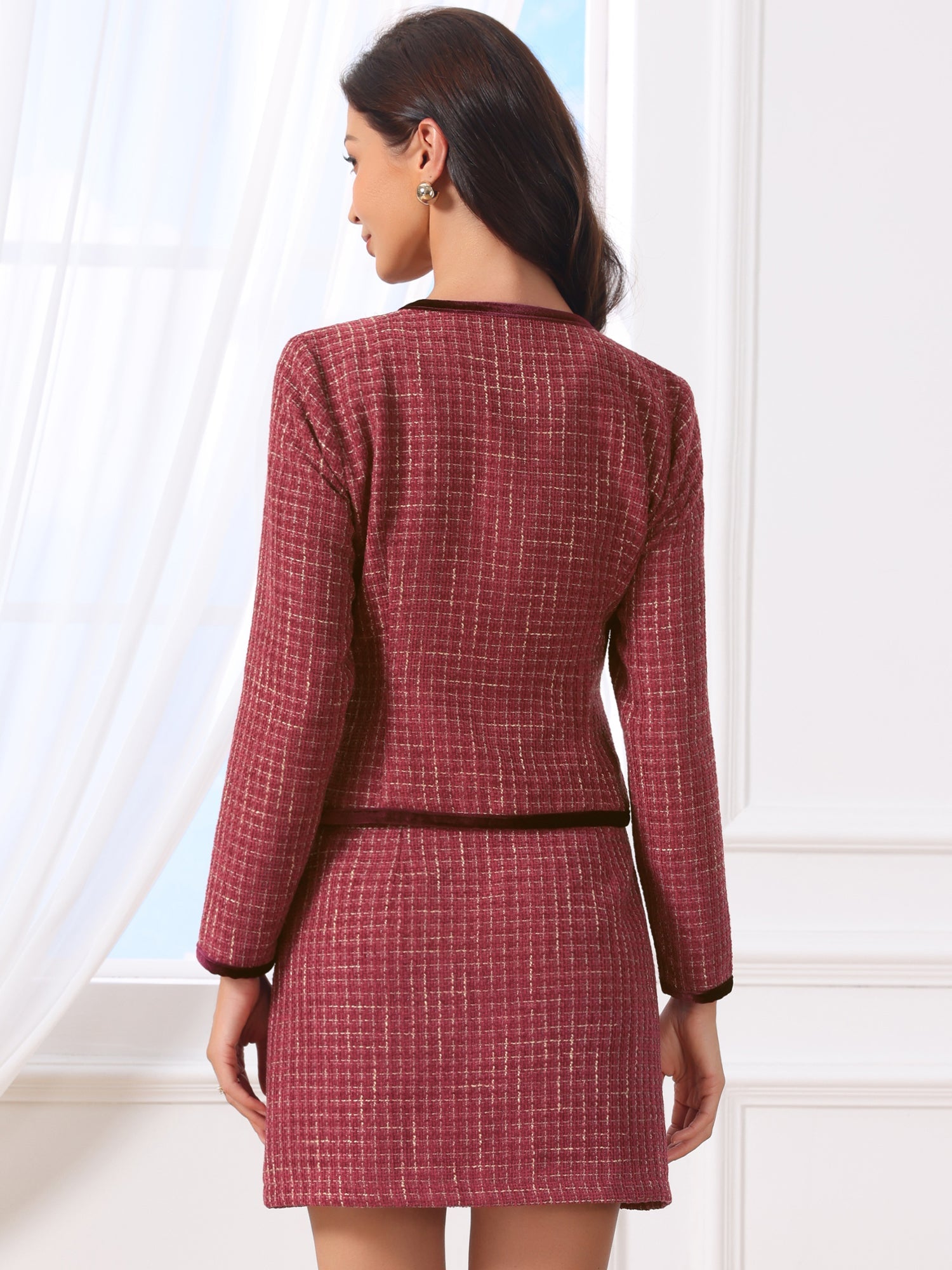 2 Piece Outfits Plaid Tweed Cropped Blazer Jacket & Mini Skirt Suit Set