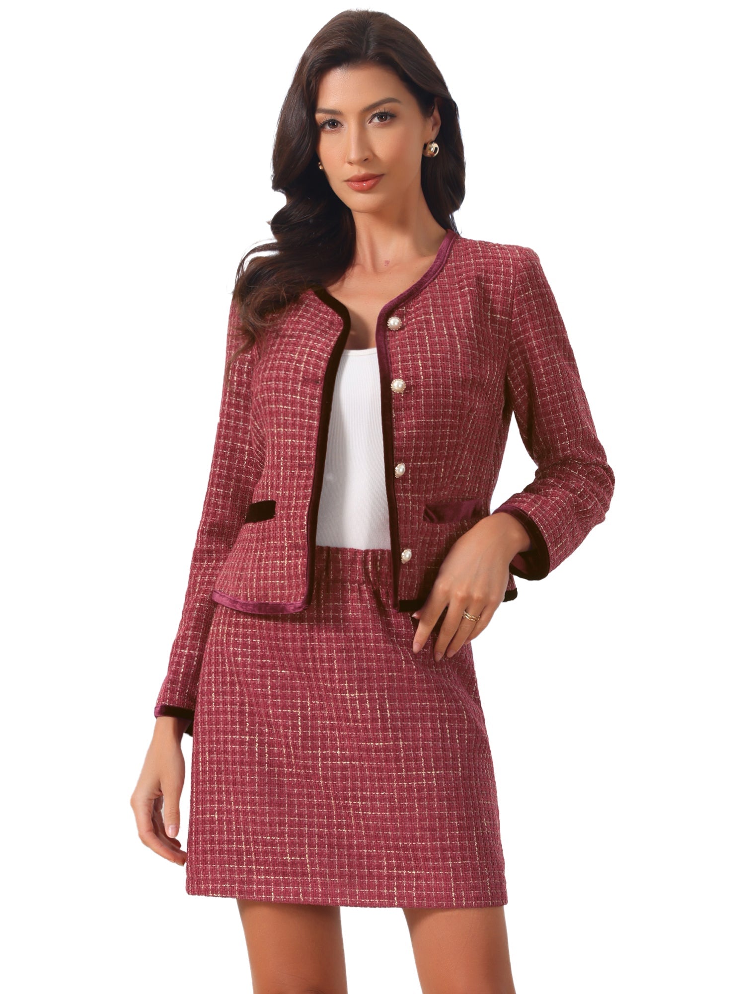 2 Piece Outfits Plaid Tweed Cropped Blazer Jacket & Mini Skirt Suit Set