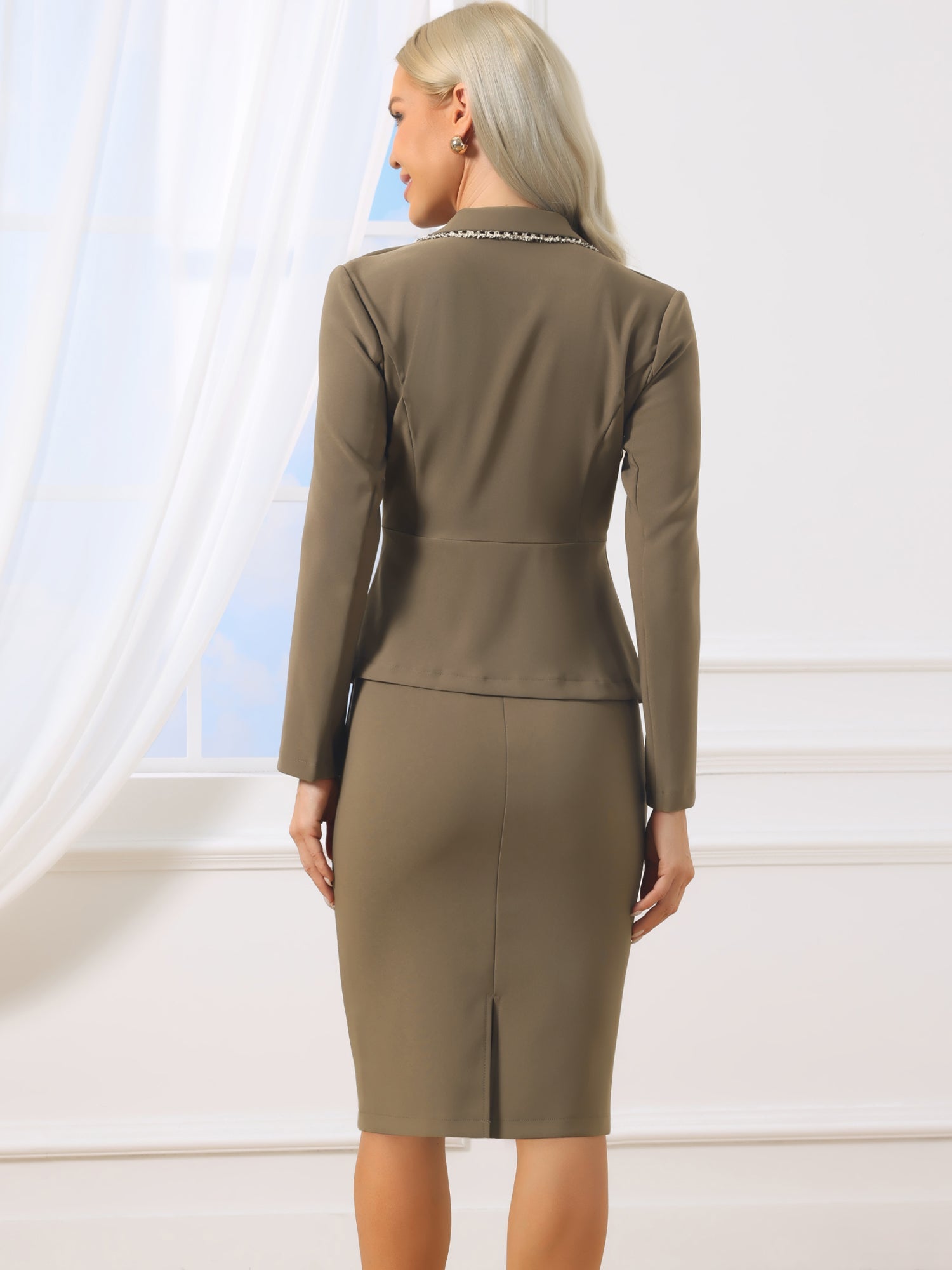 Business Suit 2 Pieces Tweed Trim Blazer Jacket and Skirt Set