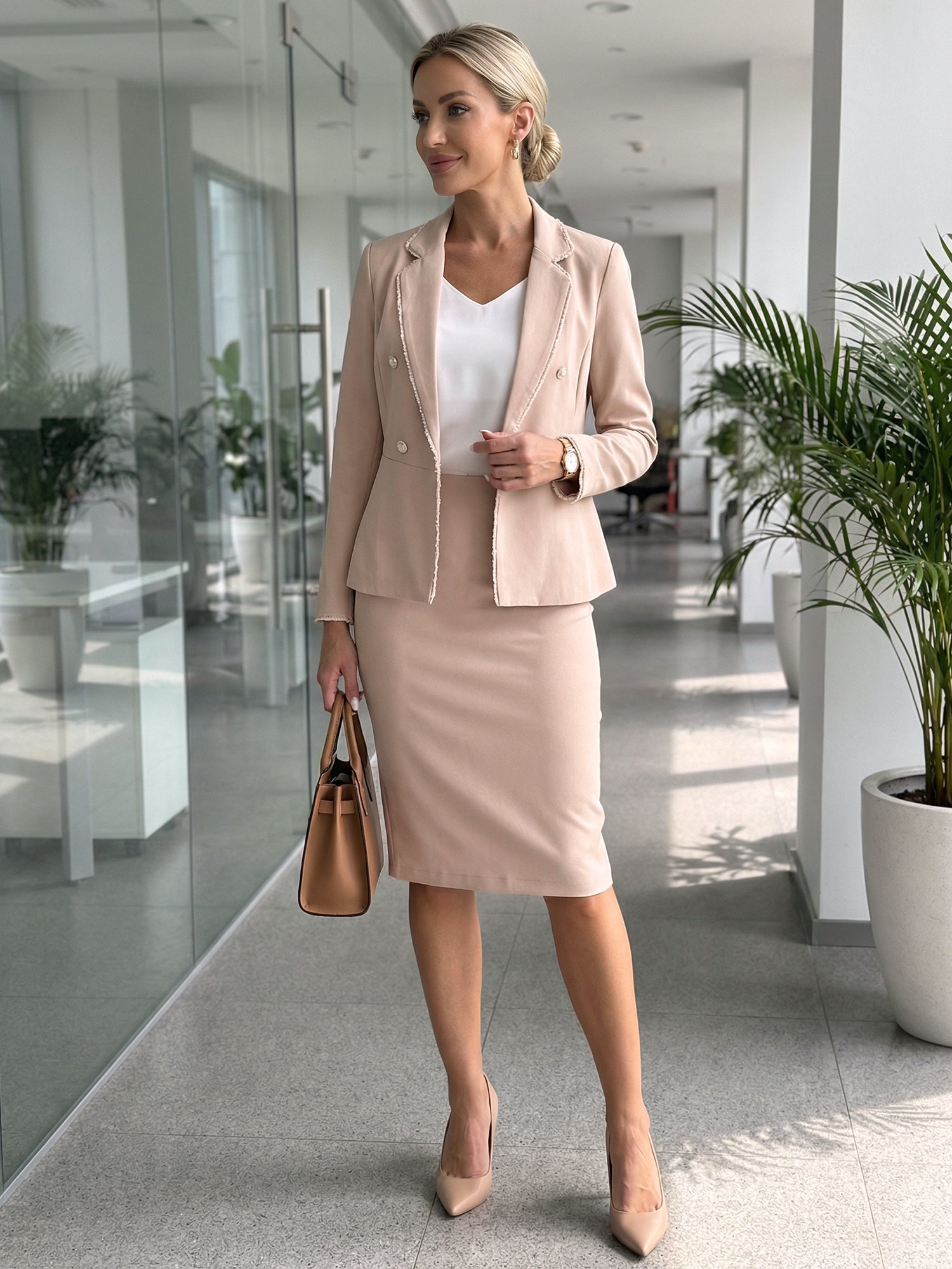 Business Suit 2 Pieces Tweed Trim Blazer Jacket and Skirt Set