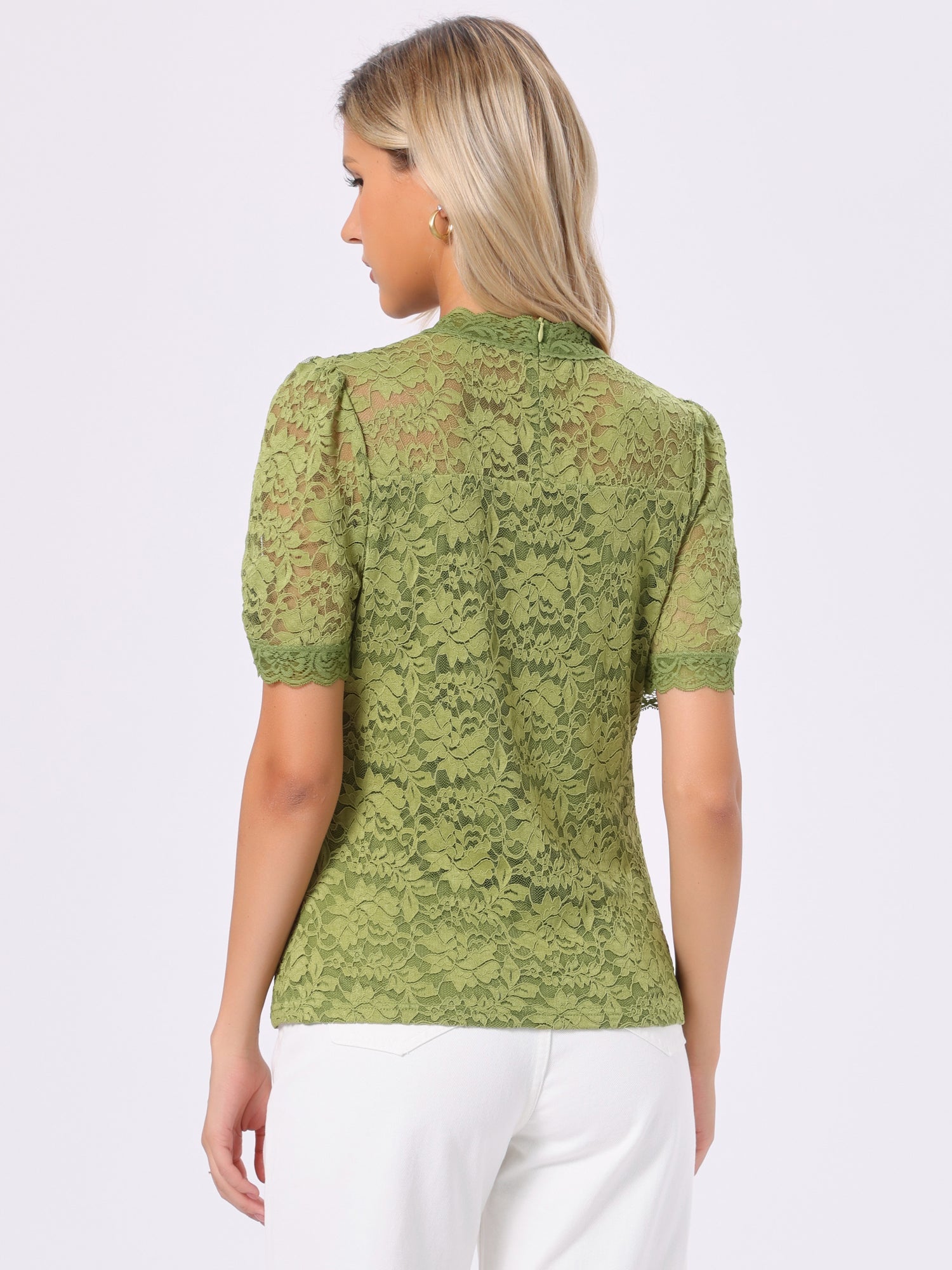 Floral Lace Mock Neck Puff Short Sleeve Blouse