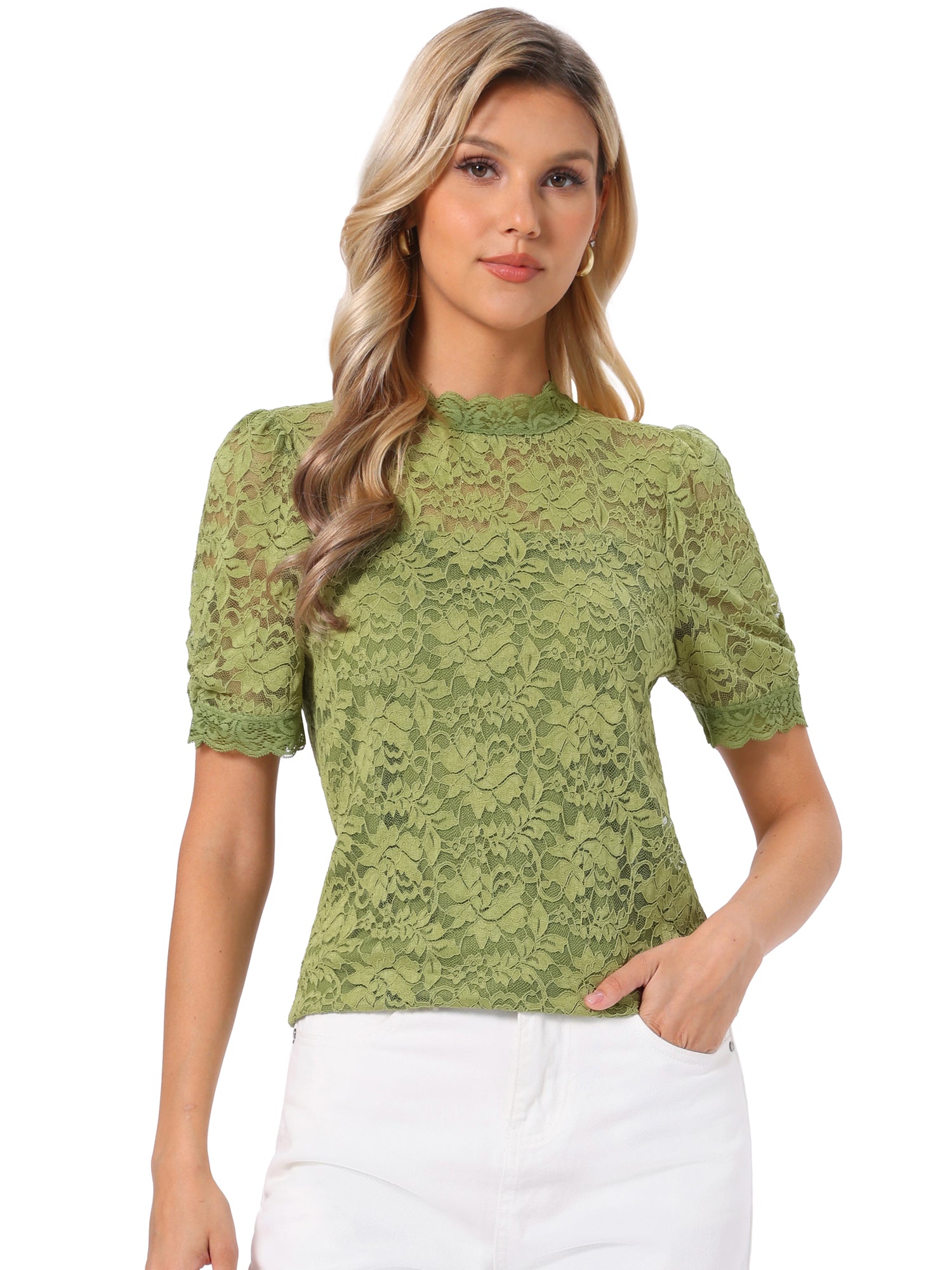 Floral Lace Mock Neck Puff Short Sleeve Blouse