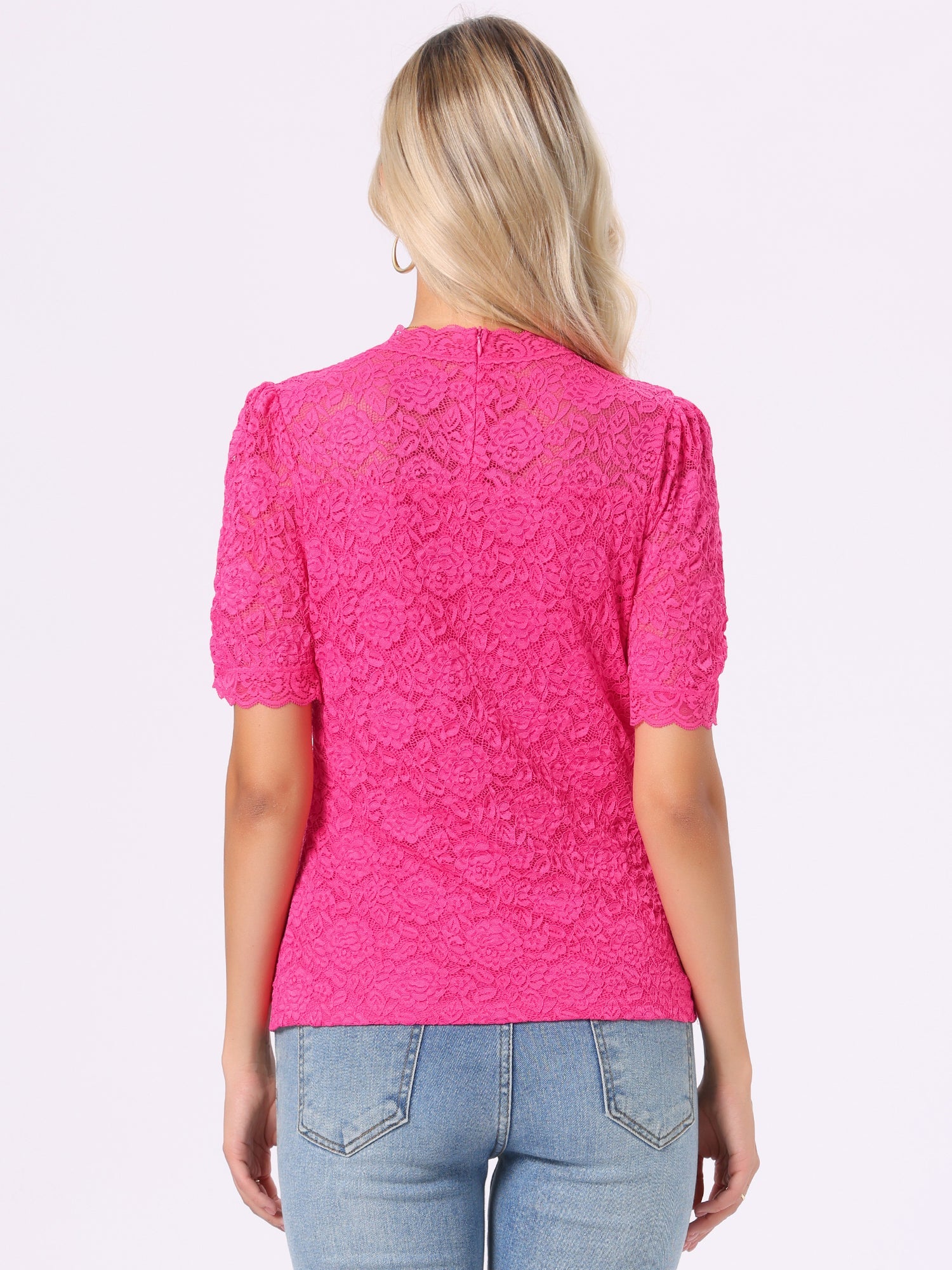 Floral Lace Mock Neck Puff Short Sleeve Blouse
