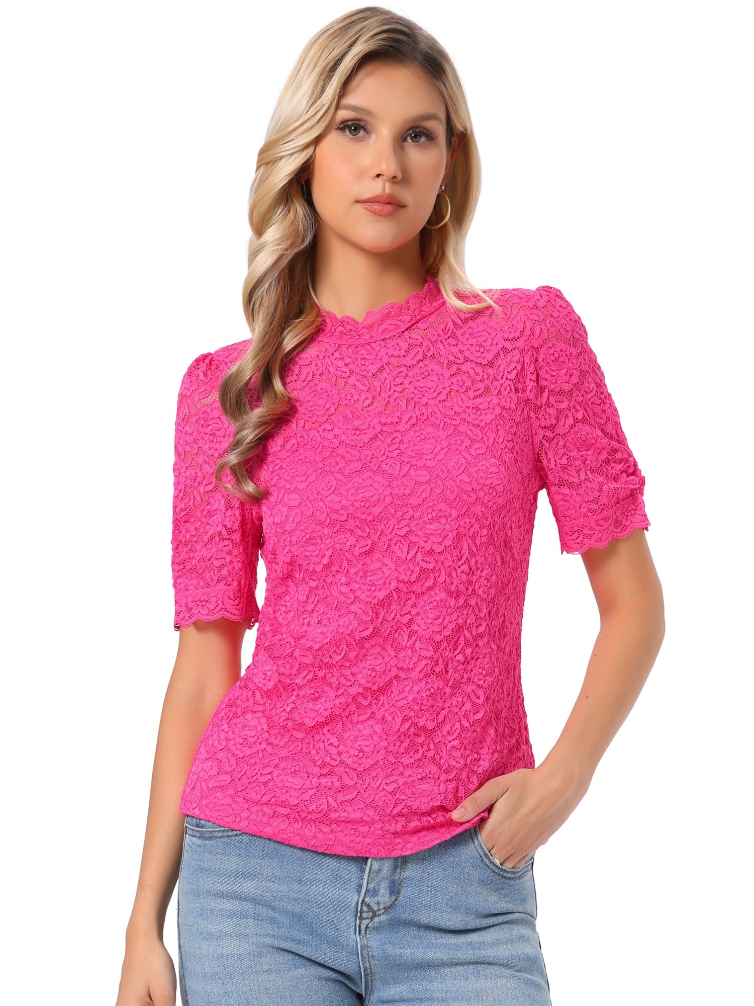 Floral Lace Mock Neck Puff Short Sleeve Blouse