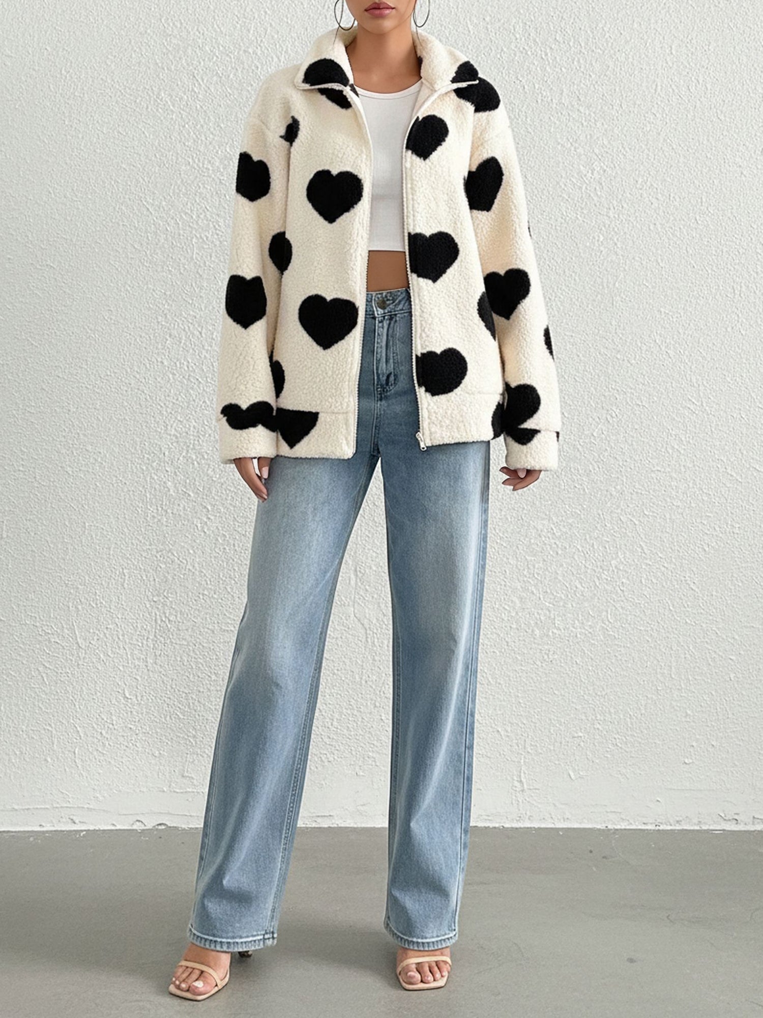 Plush Heart Print Loose Long Sleeve Zipper Jacket