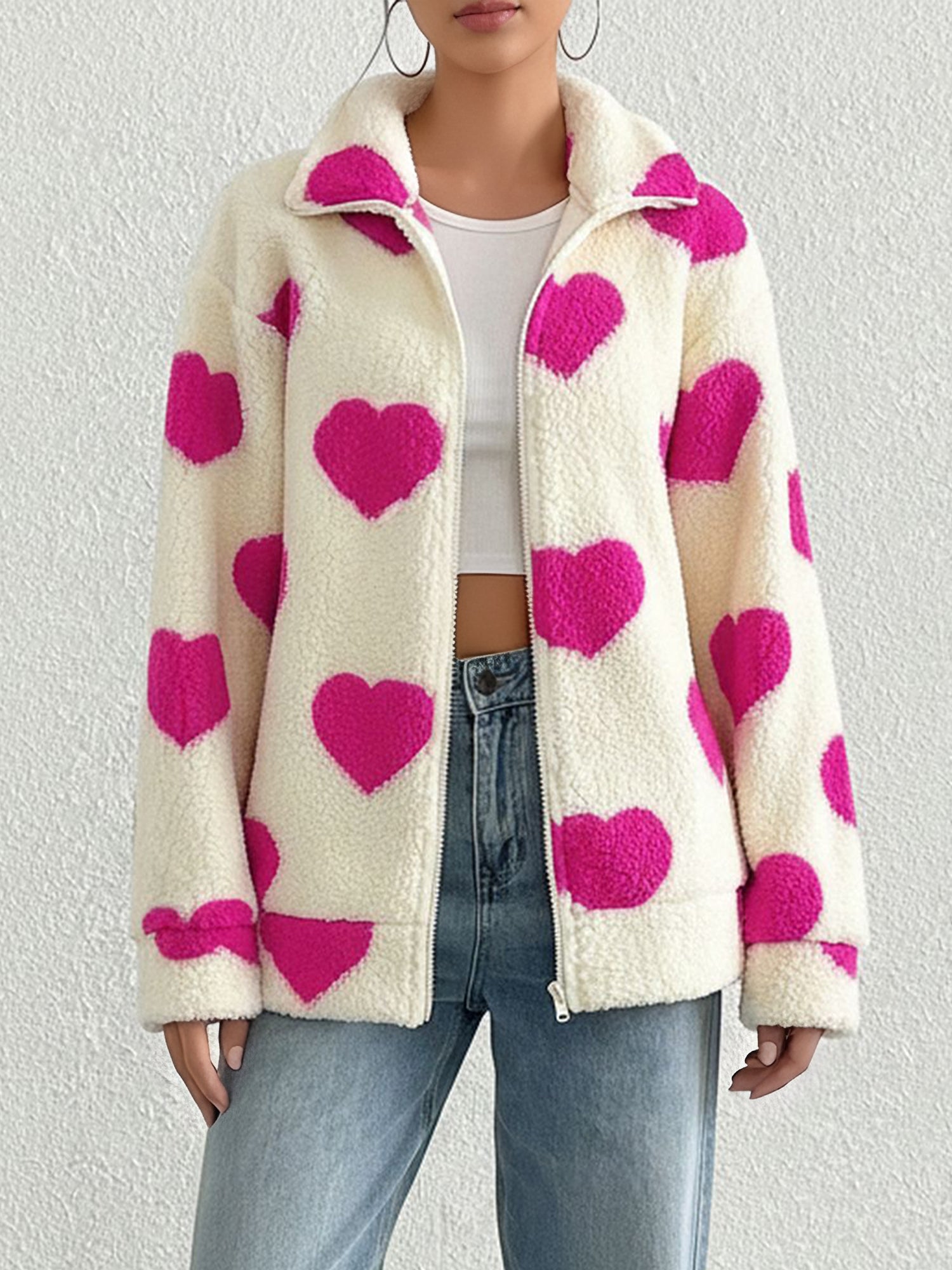 Plush Heart Print Loose Long Sleeve Zipper Jacket