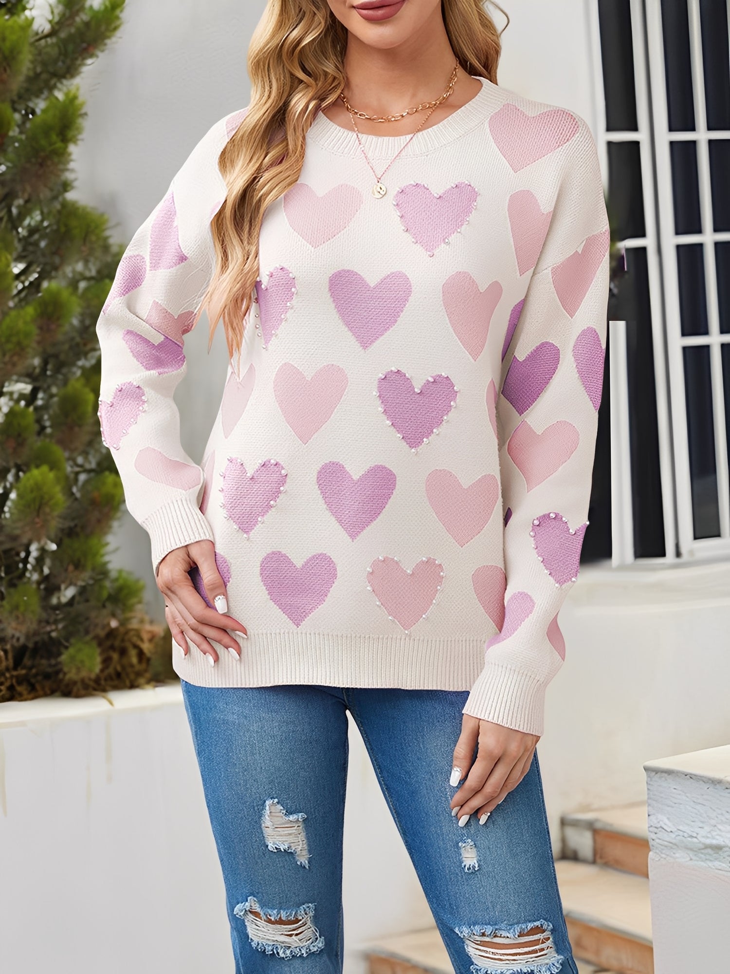 Crew Neck Beaded Heart-Shaped Pullover Knitted Sweater