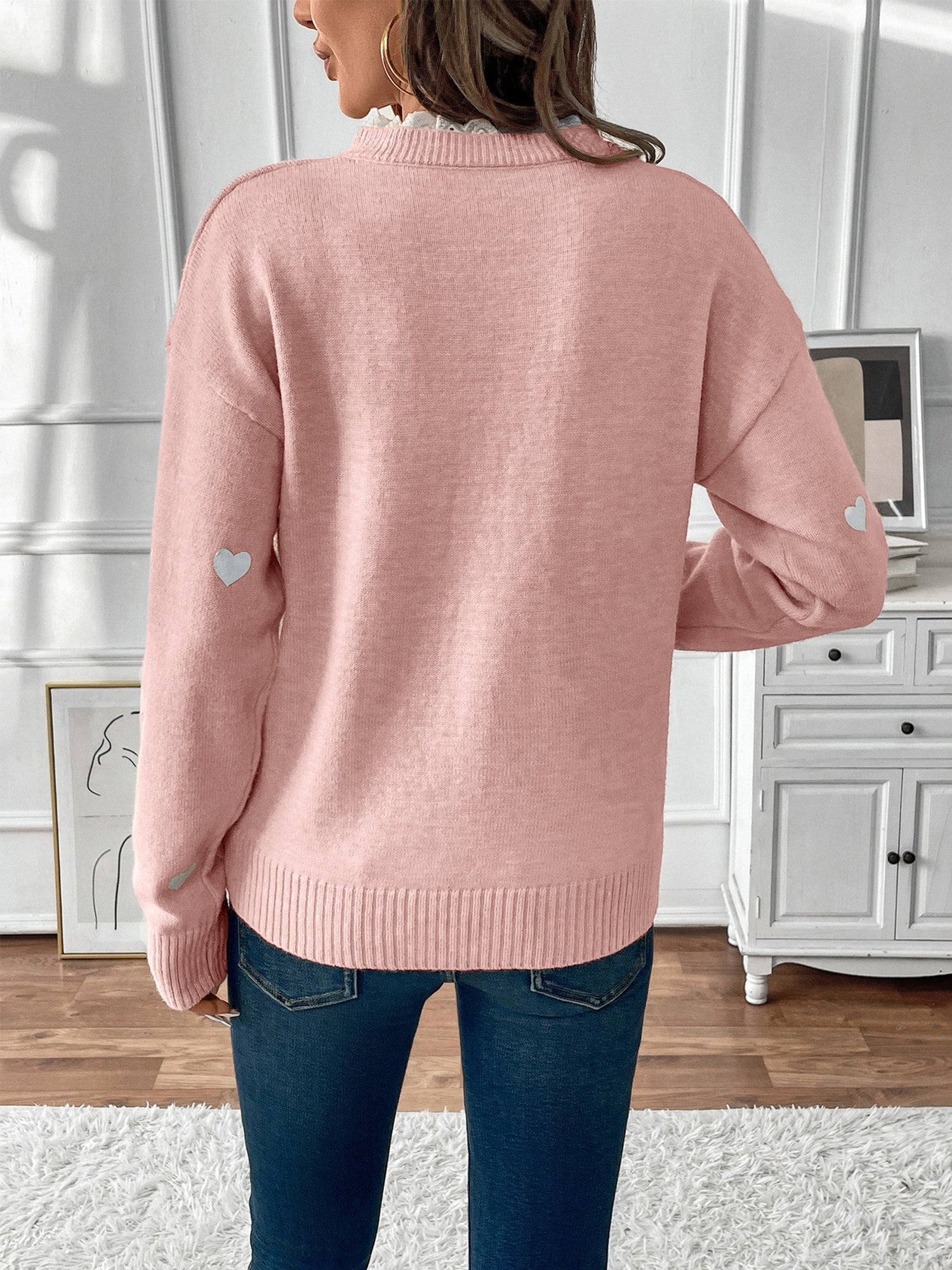 Notch Neck Lace Patchwork Heart Pullover Sweater