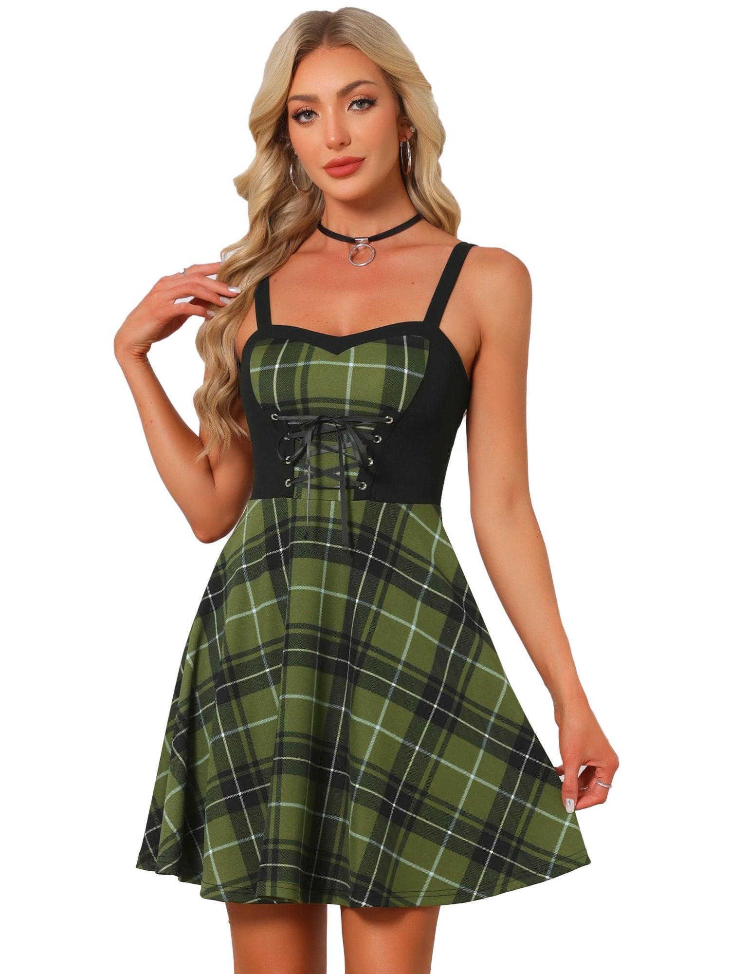 Plaid Lace-Up Gothic Sleeveless Tartan Mini Club Party Dress