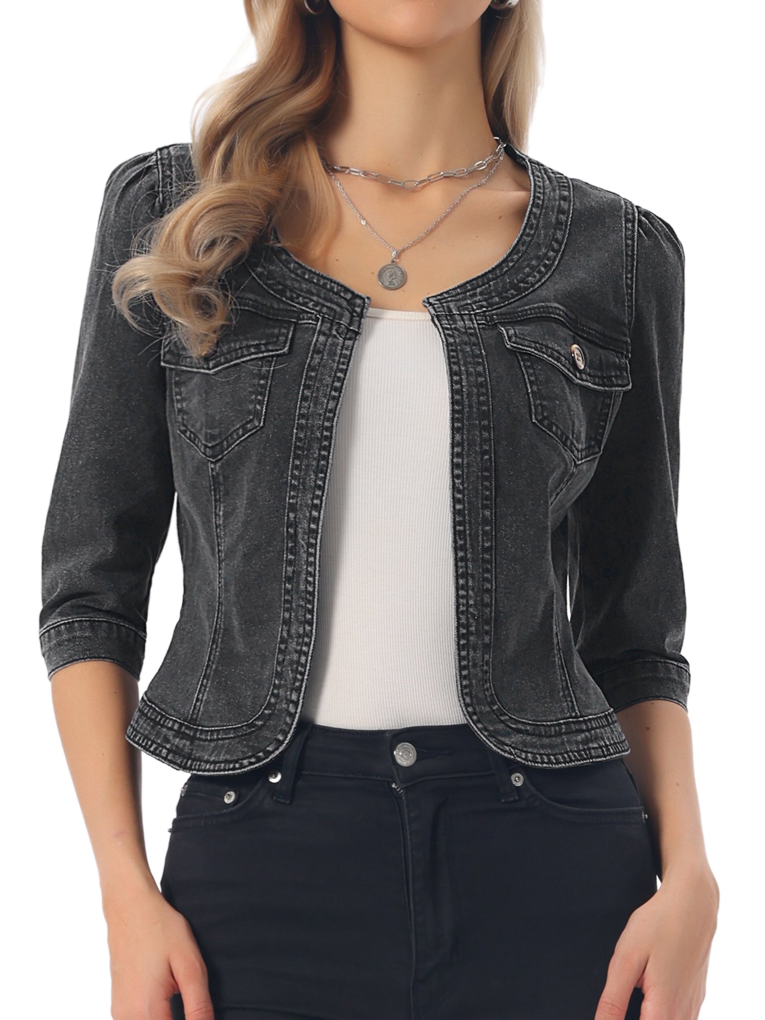 Denim Collarless Pockets 3/4 Sleeve Feminine Style Jacket