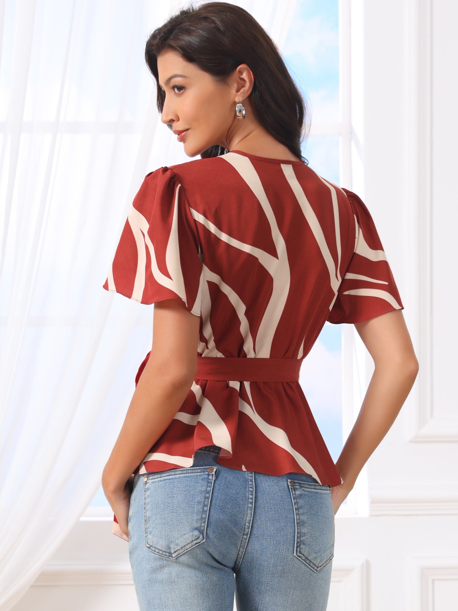 Printed V Neck Elastic Waist Belt Ruffle Peplum Blouse