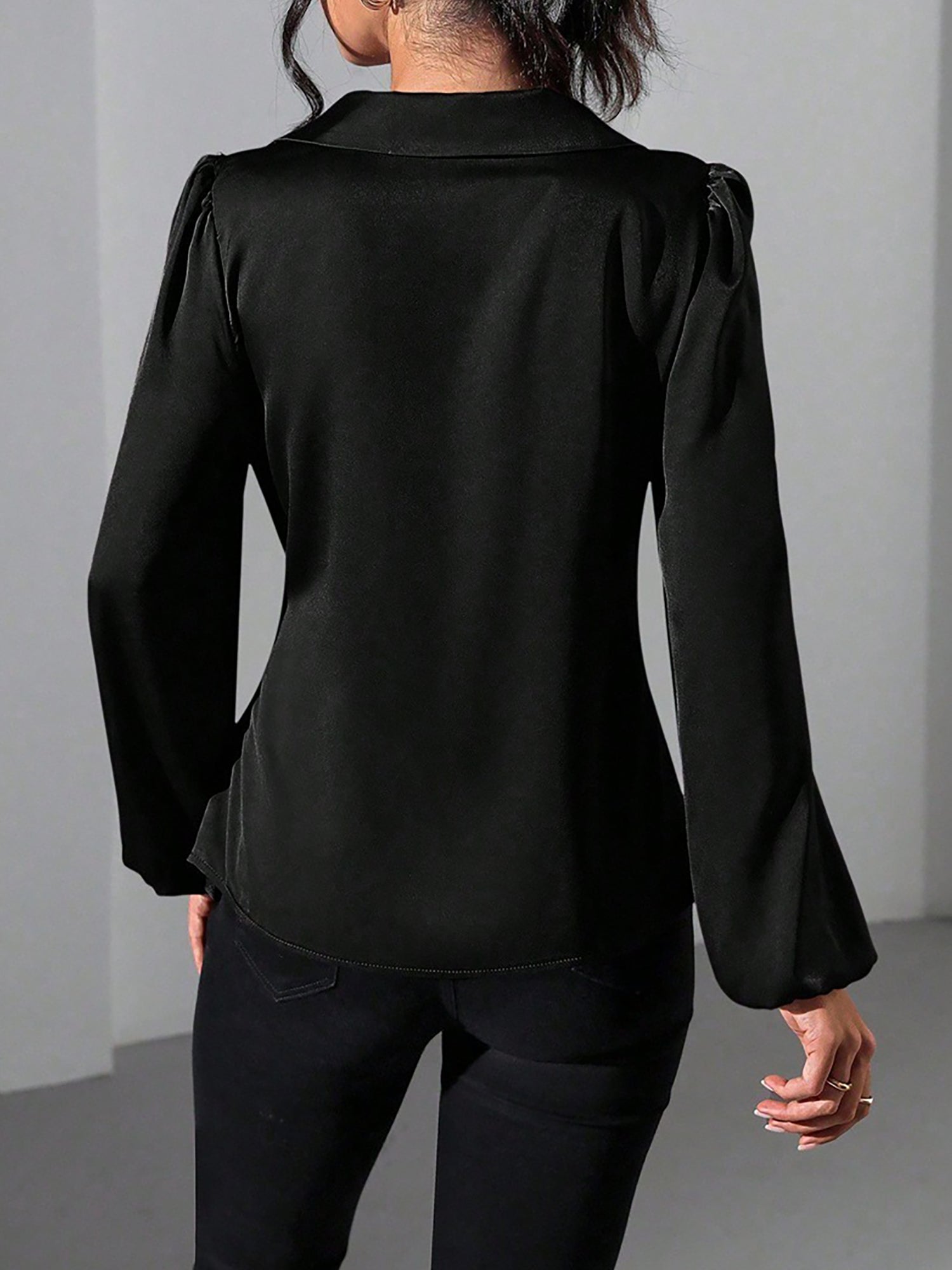Puff Long Sleeve Satin Tie Waist Wrap Blouse
