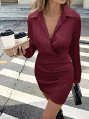 Satin Ruched Solid Color Long Sleeve Mini Dress