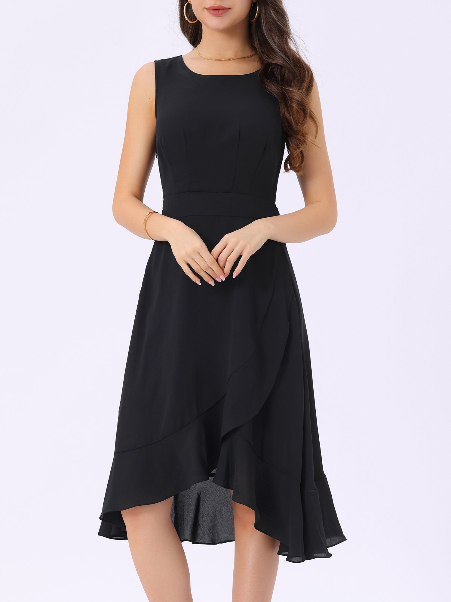 Wrap Ruffle High Low Hem Round Neck Sleeveless Floral Dress