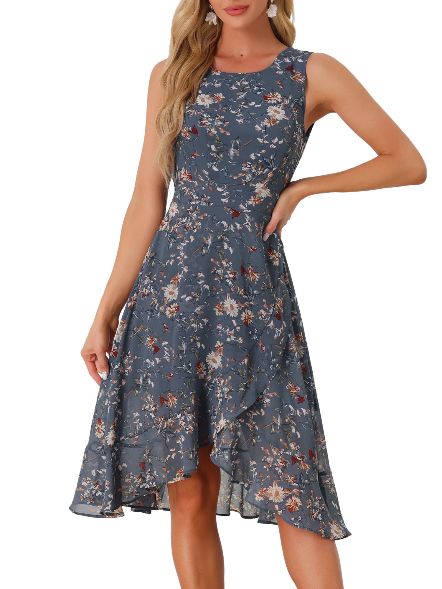 Wrap Ruffle High Low Hem Round Neck Sleeveless Floral Dress