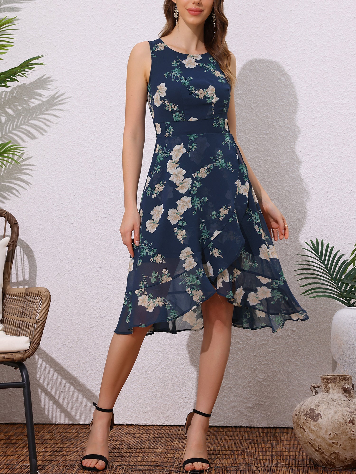 Wrap Ruffle High Low Hem Round Neck Sleeveless Floral Dress